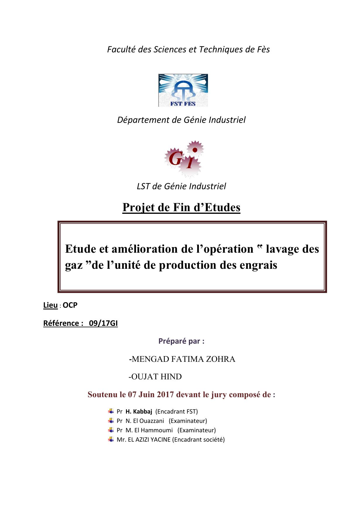 Etude et amélioration de l’opération ‟ lavage des gaz ˮde l’unité de production des engrais