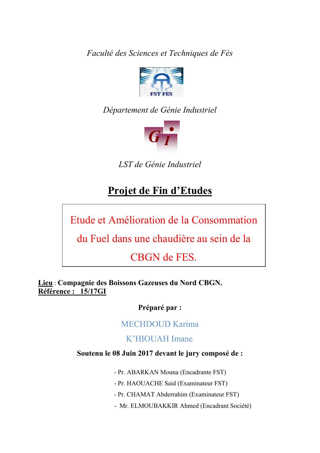 Etude et Amélioration de la Consommation du Fuel dans une chaudière au sein de la CBGN de FES