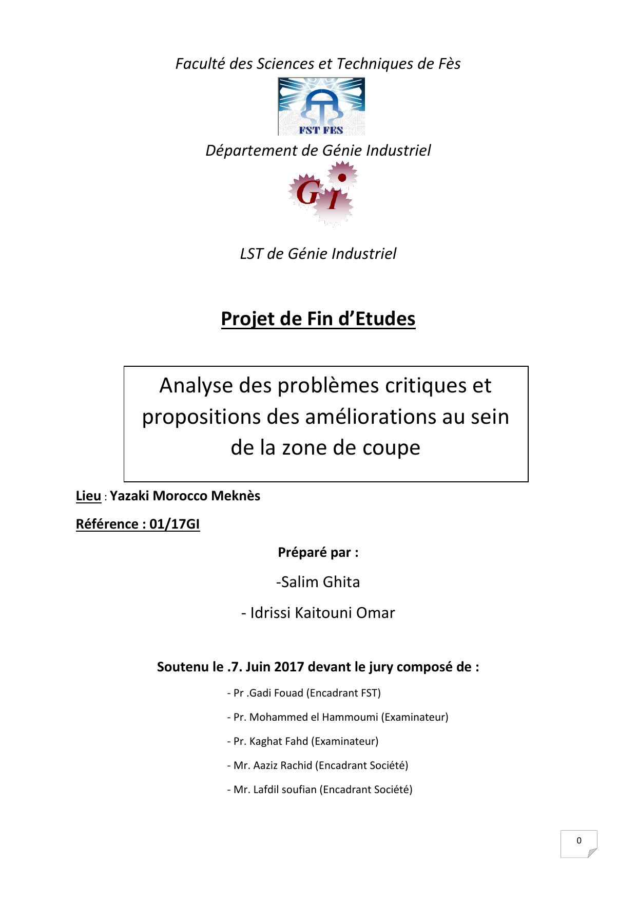 Analyse des problèmes critiques et propositions des améliorations au sein de la zone de coupe