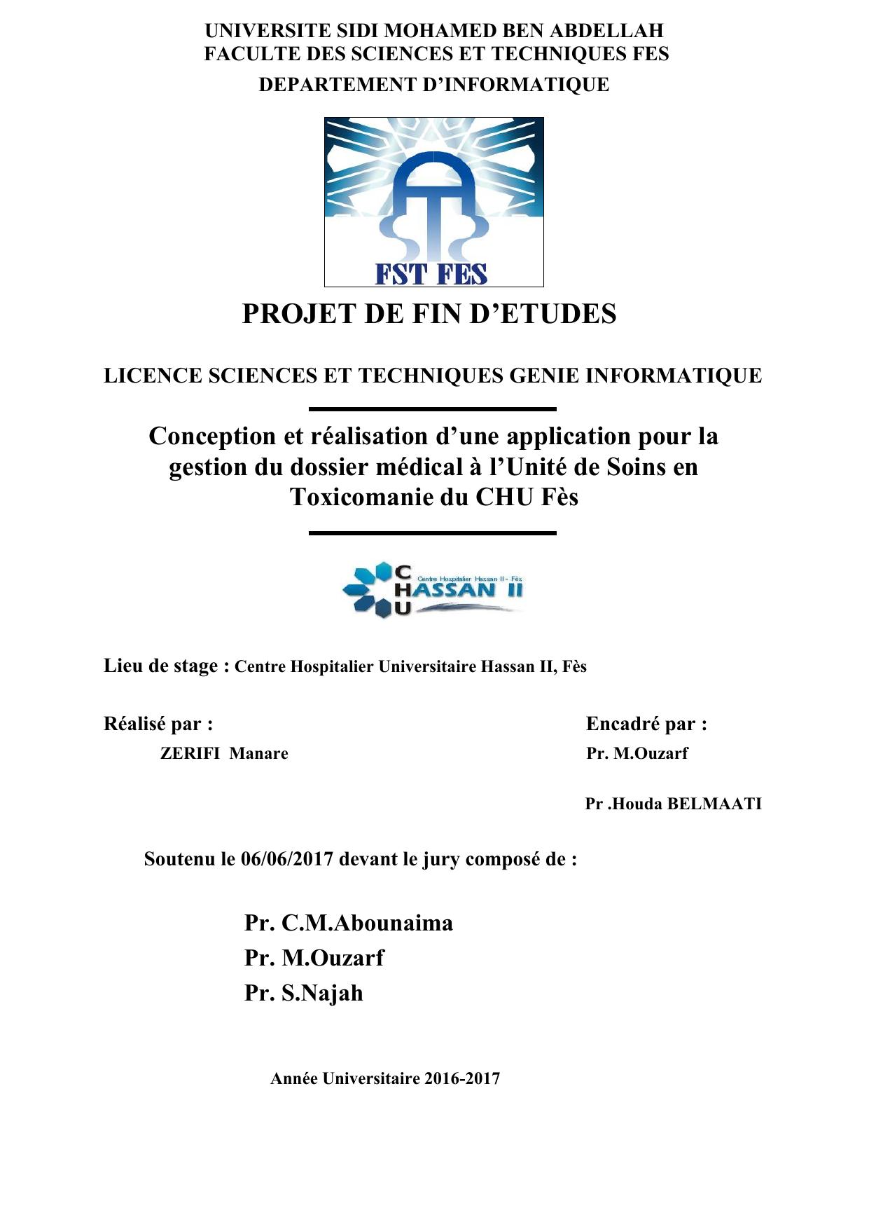 Conception et réalisation d’une application pour la gestion du dossier médical à l’Unité de Soins en Toxicomanie du CHU Fès