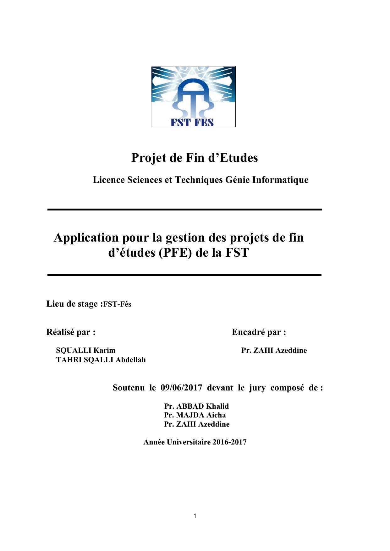 Application pour la gestion des projets de fin d’études (PFE) de la FST