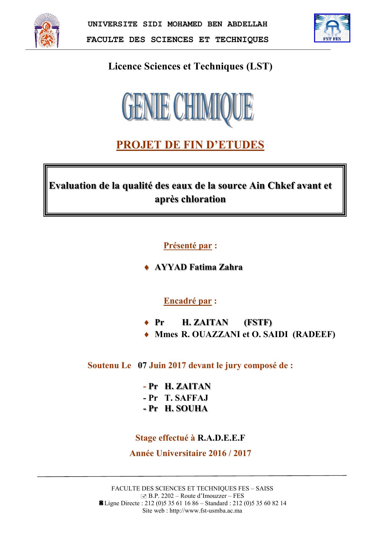 Evaluation de la qualité des eaux de la source Ain Chkef Avant et après chloration