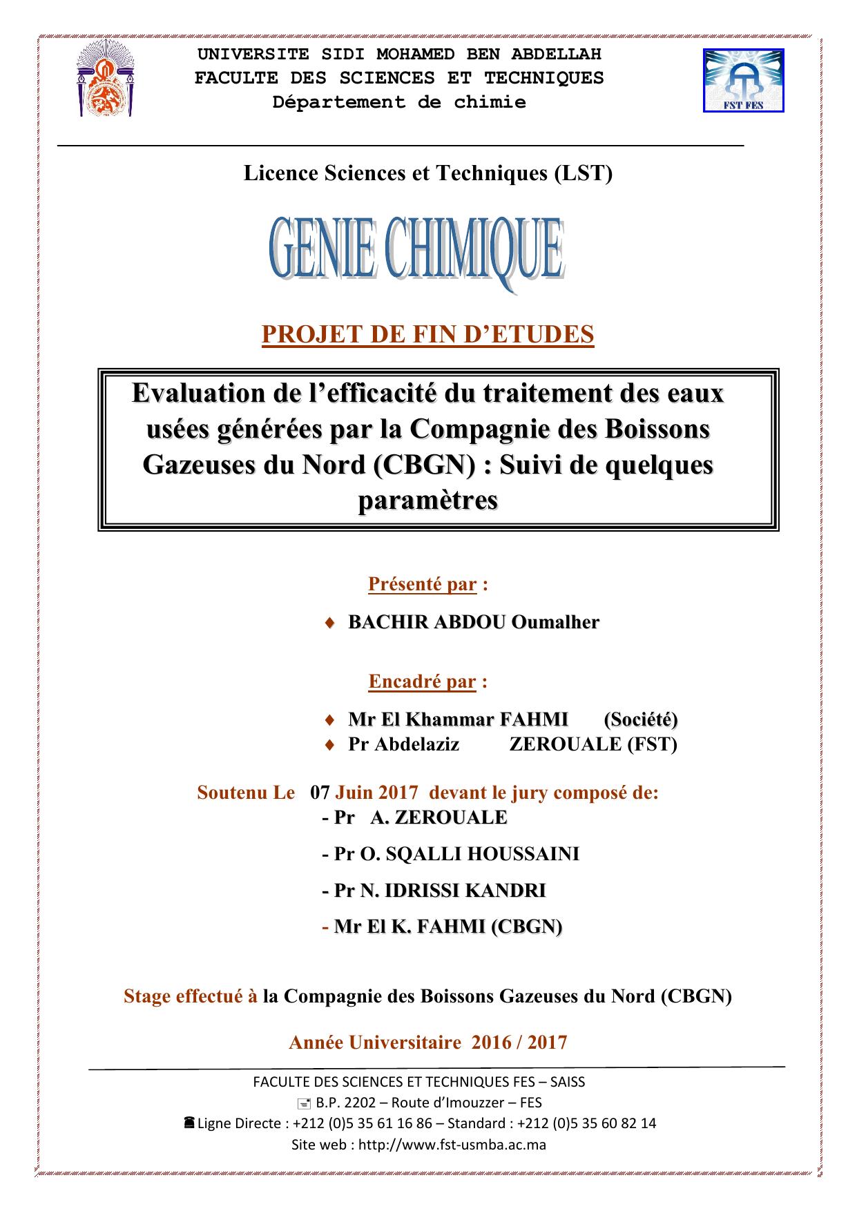 Evaluation de l'efficacité du traitement des eaux usées générées par la Compagnie des Boissons Gazeuses du Nord (CBGN): Suivi de quelques paramètes