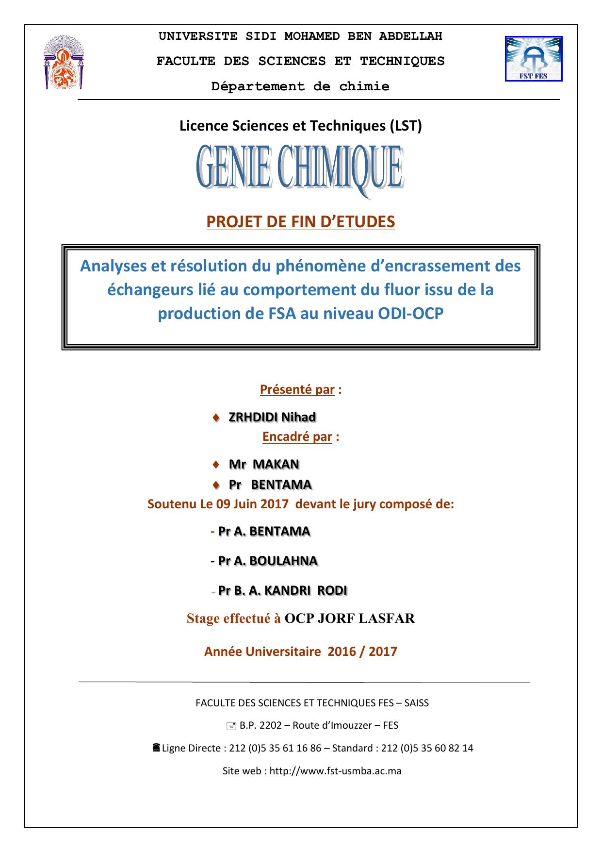 Analyses et résolution du phénomène d’encrassement des échangeurs lié au comportement du fluor issu de la production de FSA au niveau ODI-OCP