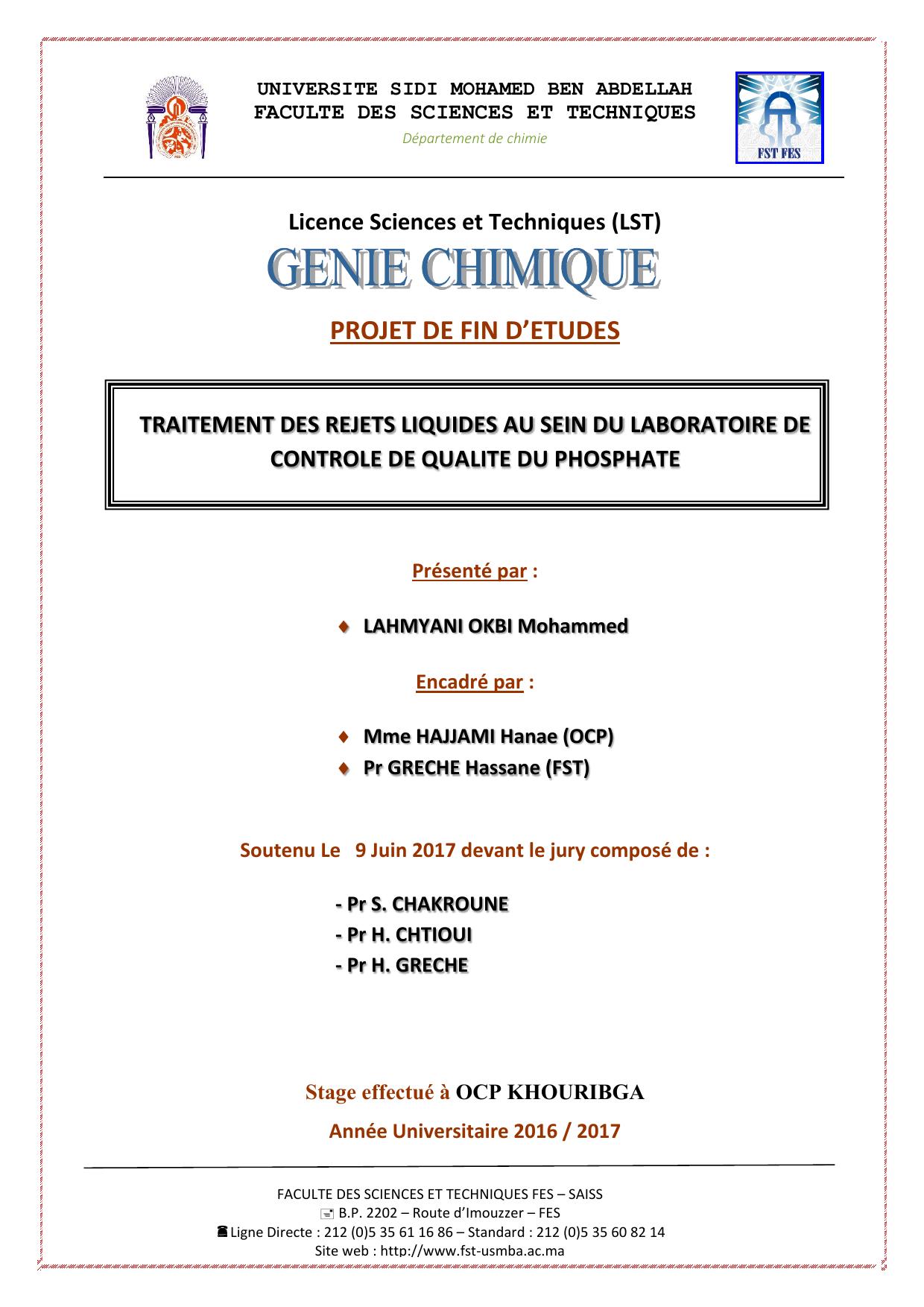 Traitement des rejets liquides au sein du laboratoire de contrôle de qualité du phosphate