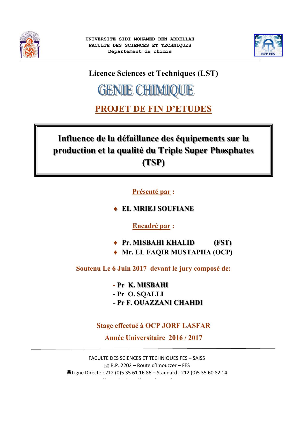 Influence de la défaillance des équipements sur la production et la qualité du Triple Super Phosphates (TSP)