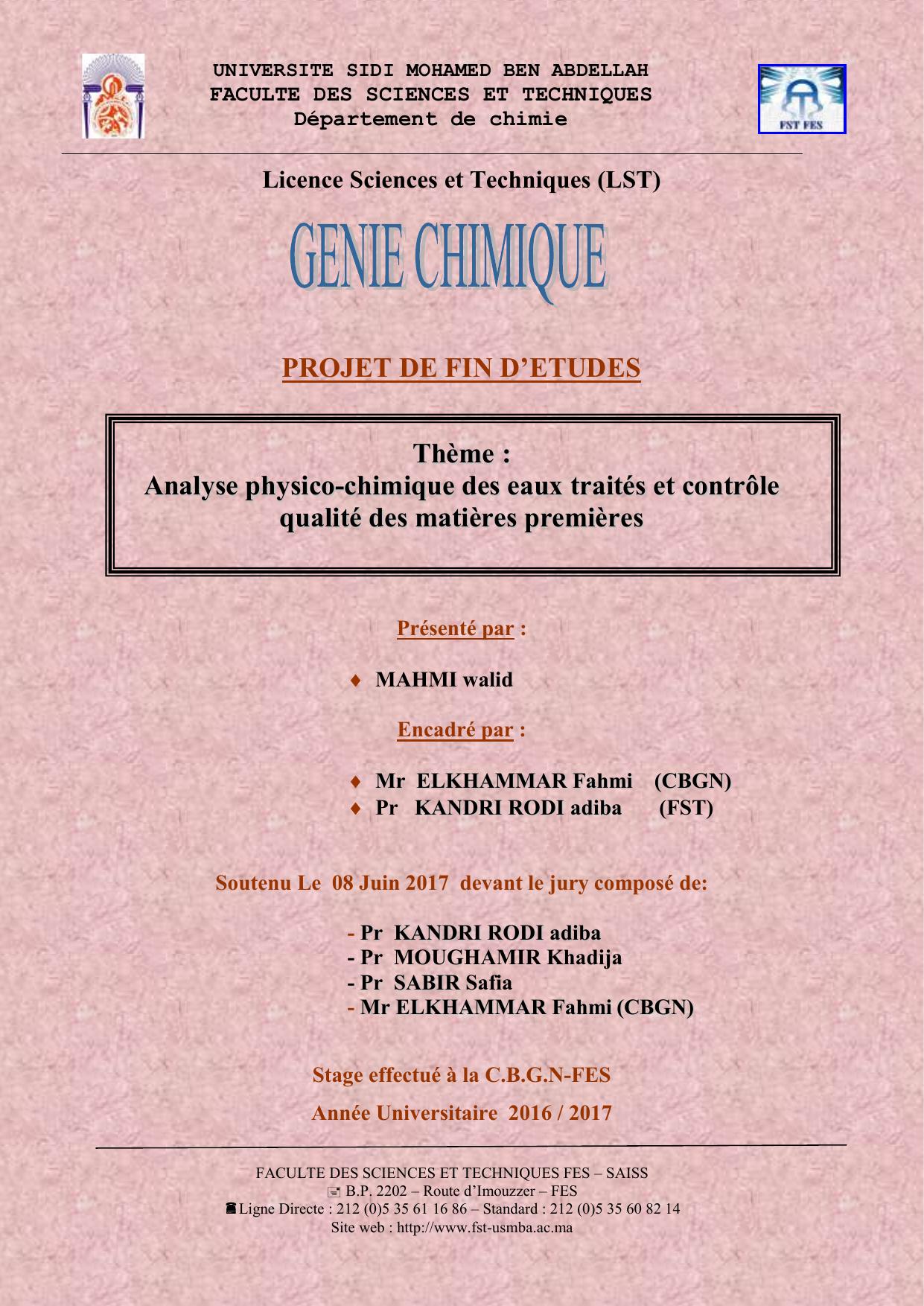 Analyse physico-chimique des eaux traités et contrôle qualité des matières premières