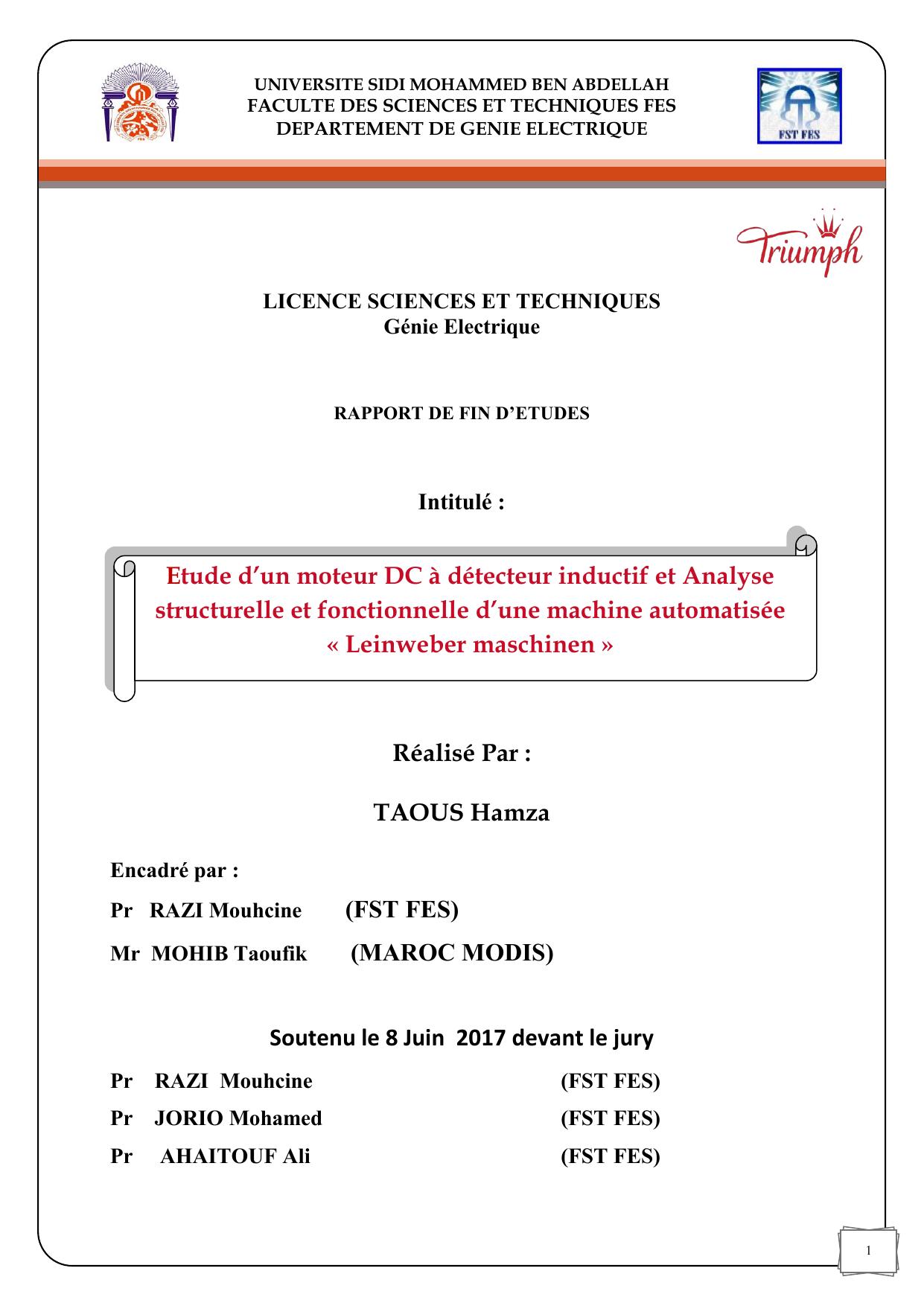 Etude d’un moteur DC à détecteur inductif et Analyse structurelle et fonctionnelle d’une machine automatisée « Leinweber maschinen »