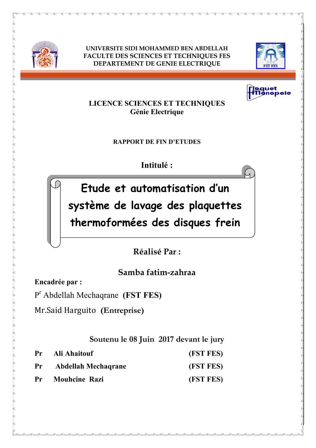 Etude et automatisation d’un système de lavage des plaquettes thermoformées des disques frein