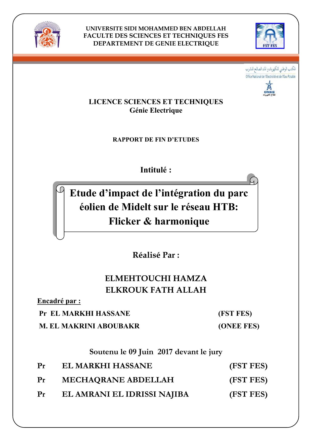 Etude d’impact de l’intégration du parc éolien de Midelt sur le réseau HTB: Flicker & harmonique