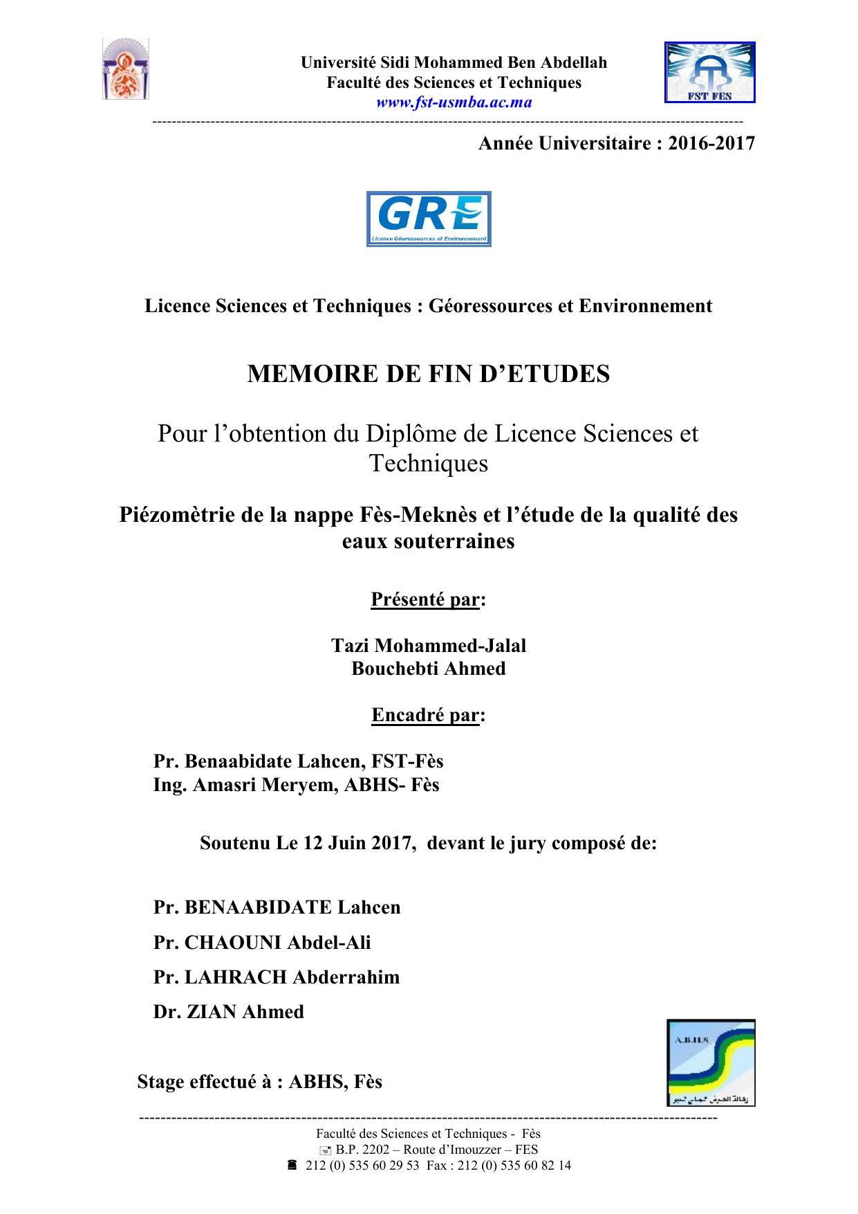 Piézomètrie de la nappe Fès-Meknès et l’étude de la qualité des eaux souterraines