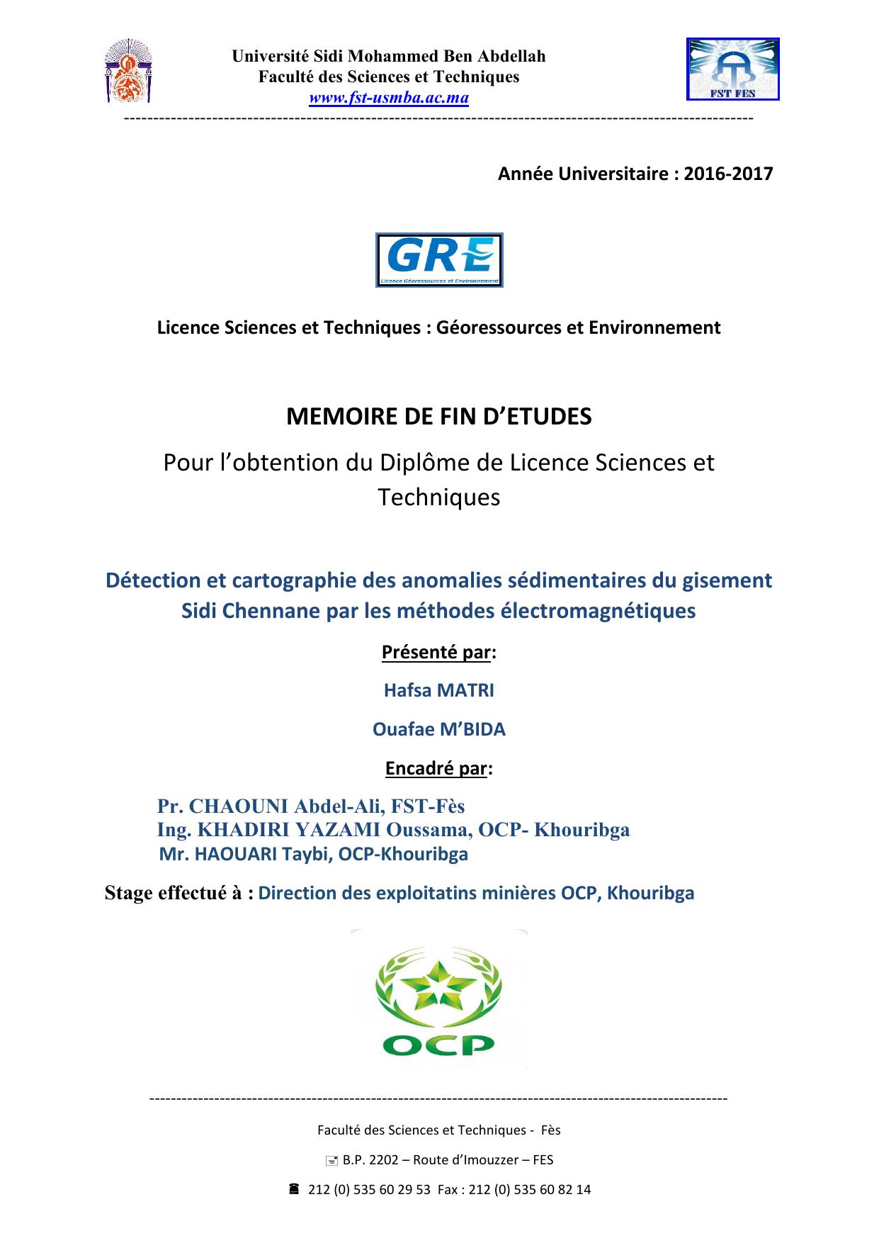 Détection et cartographie des anomalies sédimentaires du gisement Sidi Chennane par les méthodes électromagnétiques