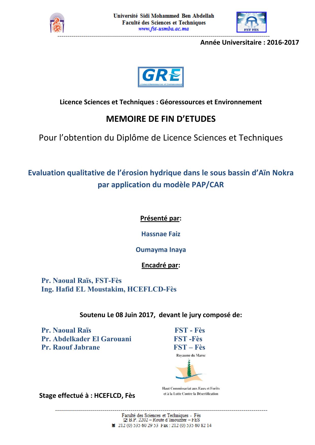 Evaluation qualitative de l’érosion hydrique dans le sous bassin d’Aïn Nokra par application du modèle PAP/CAR