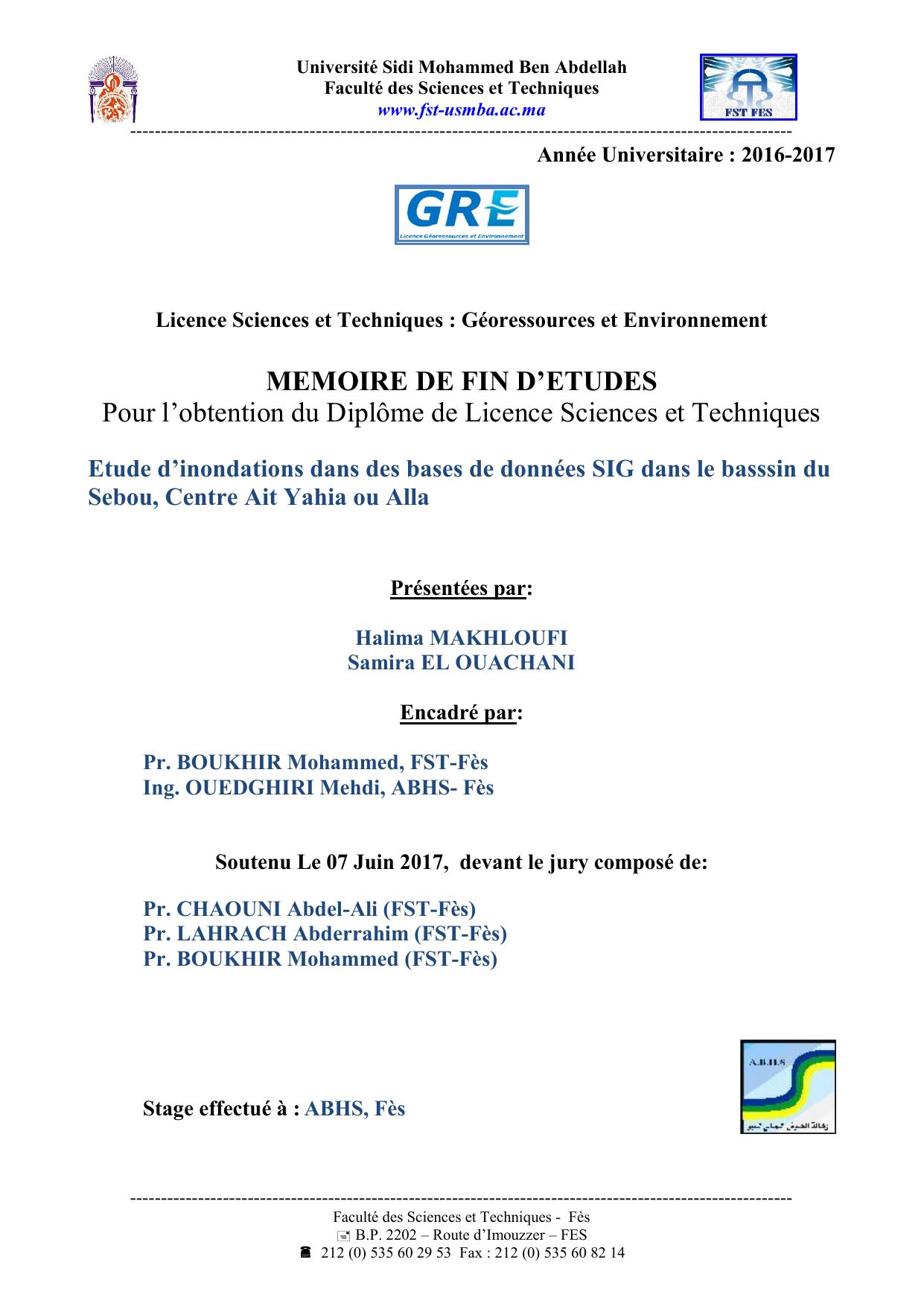 Etude d’inondations dans des bases de données SIG dans le basssin du Sebou, Centre Ait Yahia ou Alla