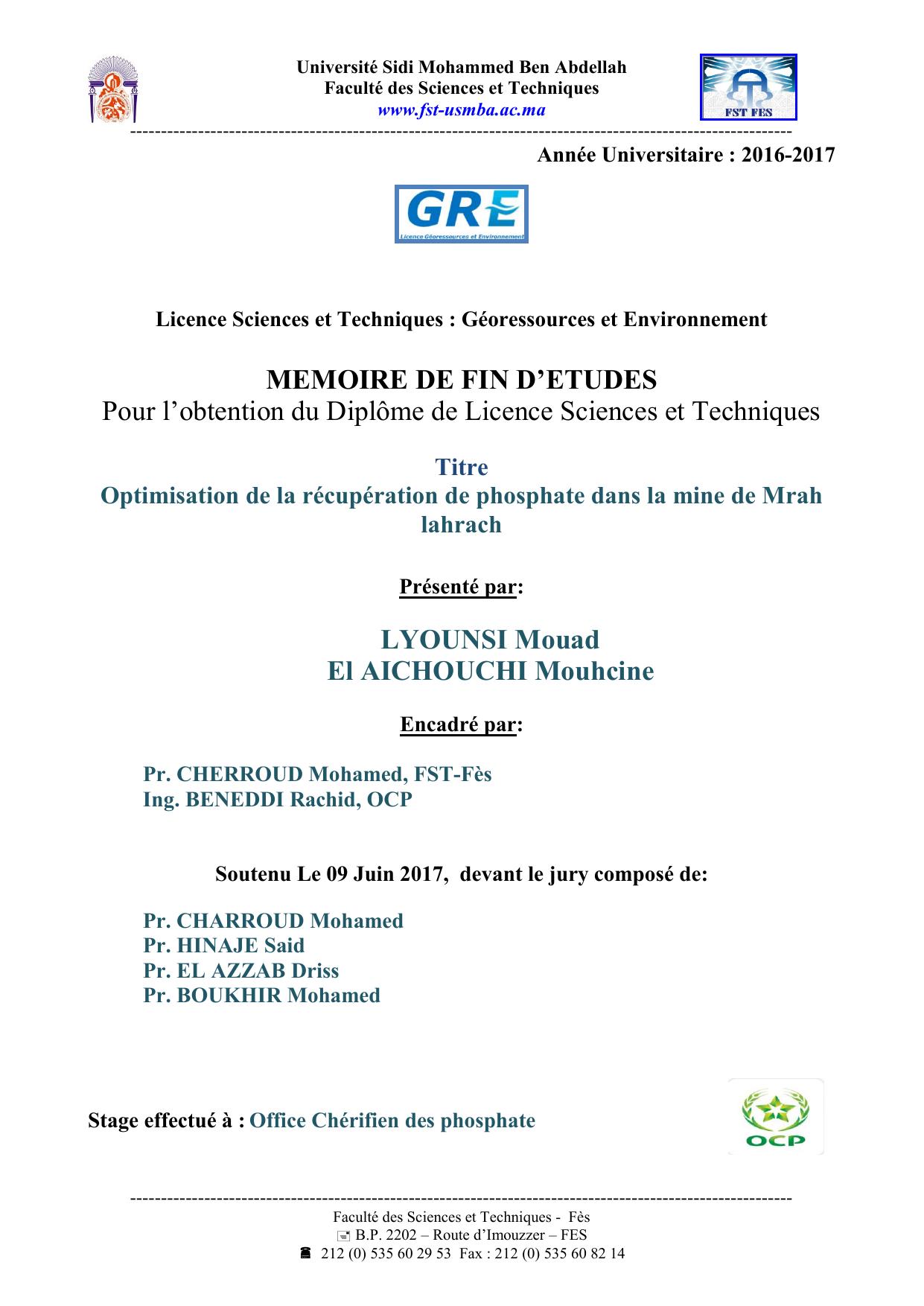 Optimisation de la récupération de phosphate dans la mine de Mrah lahrach