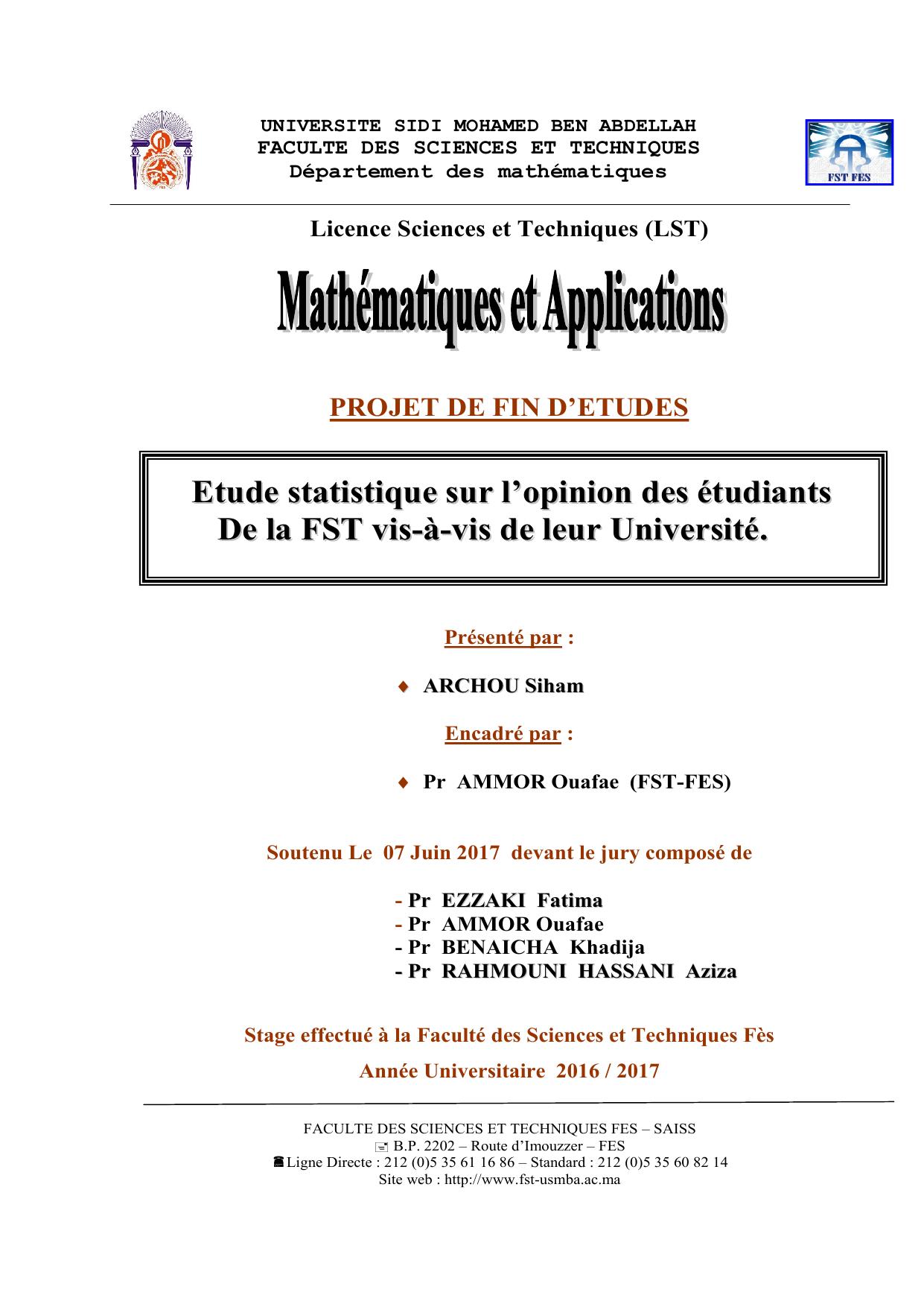 Etude dtatistique sur l'opinion des étudiants de la FST vis-à-vis de leur université