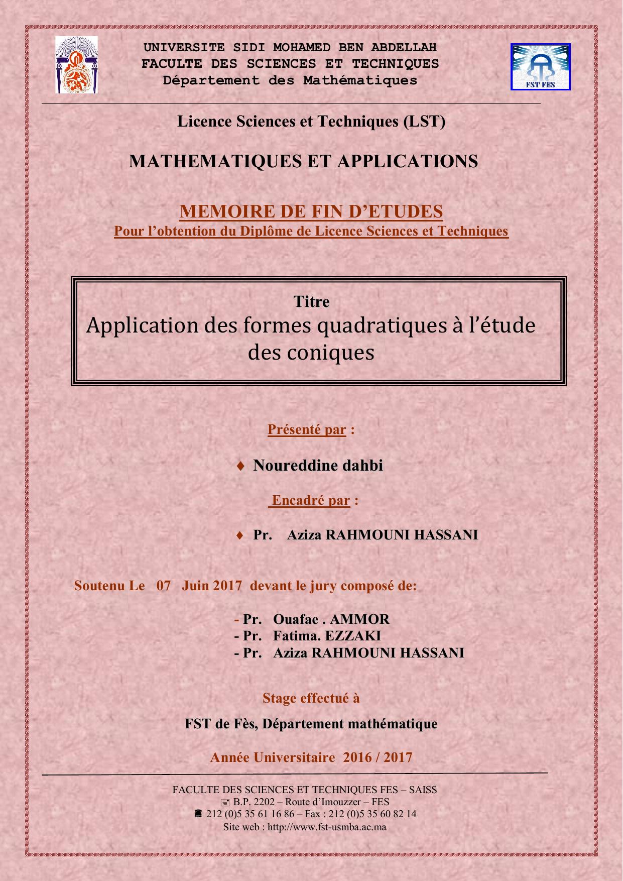 Application des formes quadratiques à l’étude des coniques