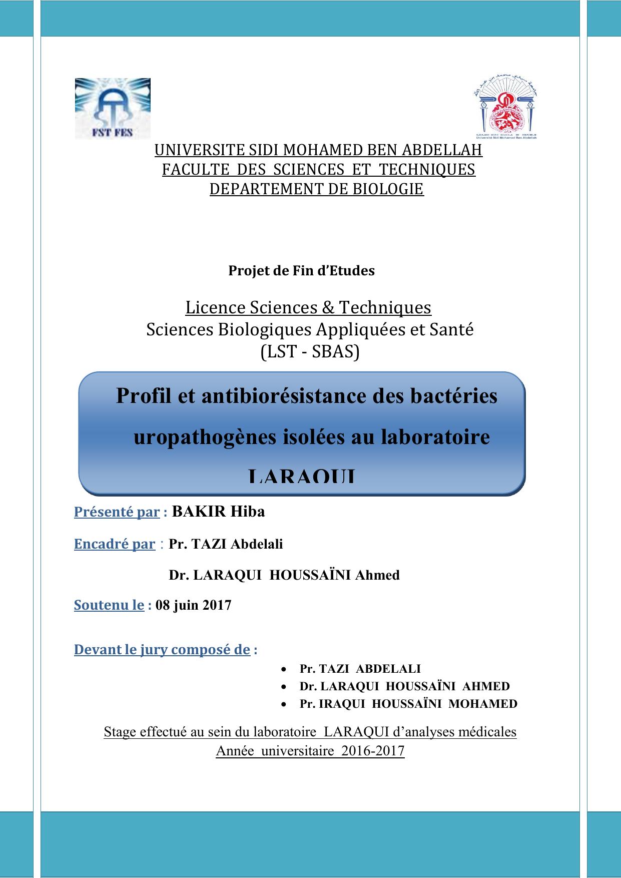 Profil et antibiorésistance des bactéries uropathogènes isolées au laboratoire LARAQUI