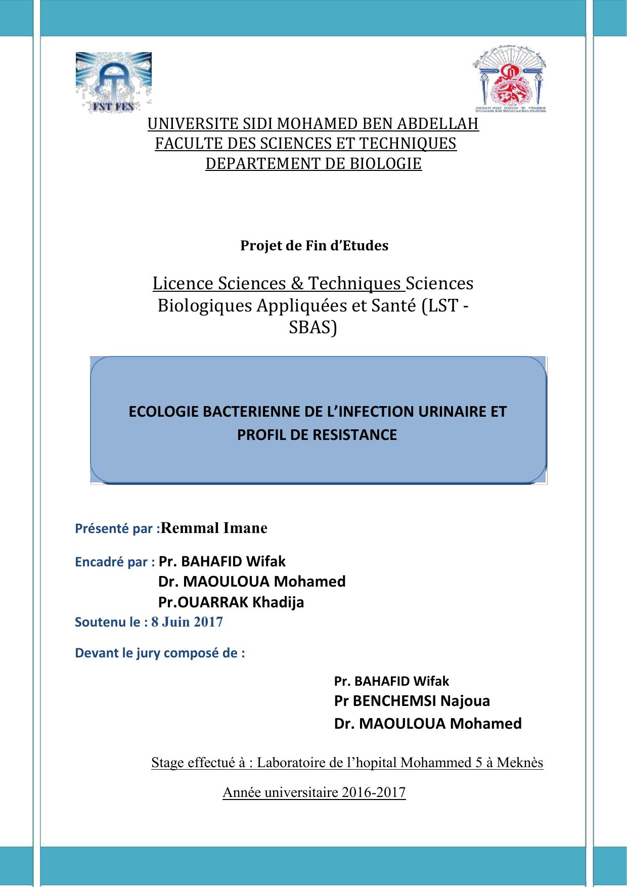 Ecologie bactérienne de l'infection urinaire et profil de résistance