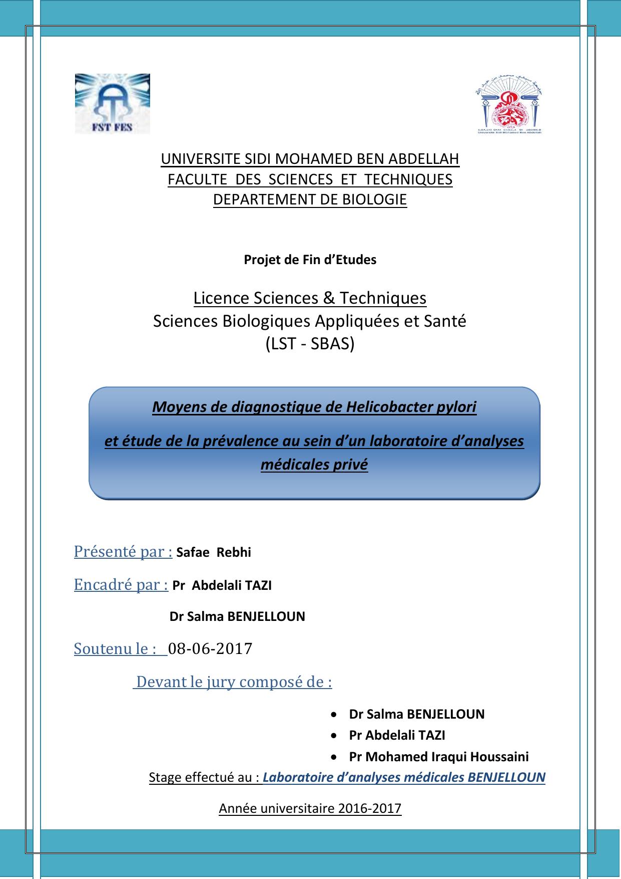 Moyens de diagnostique de Helicobacter pylori et étude de la prévalence au sein d’un laboratoire d’analyses médicales privé