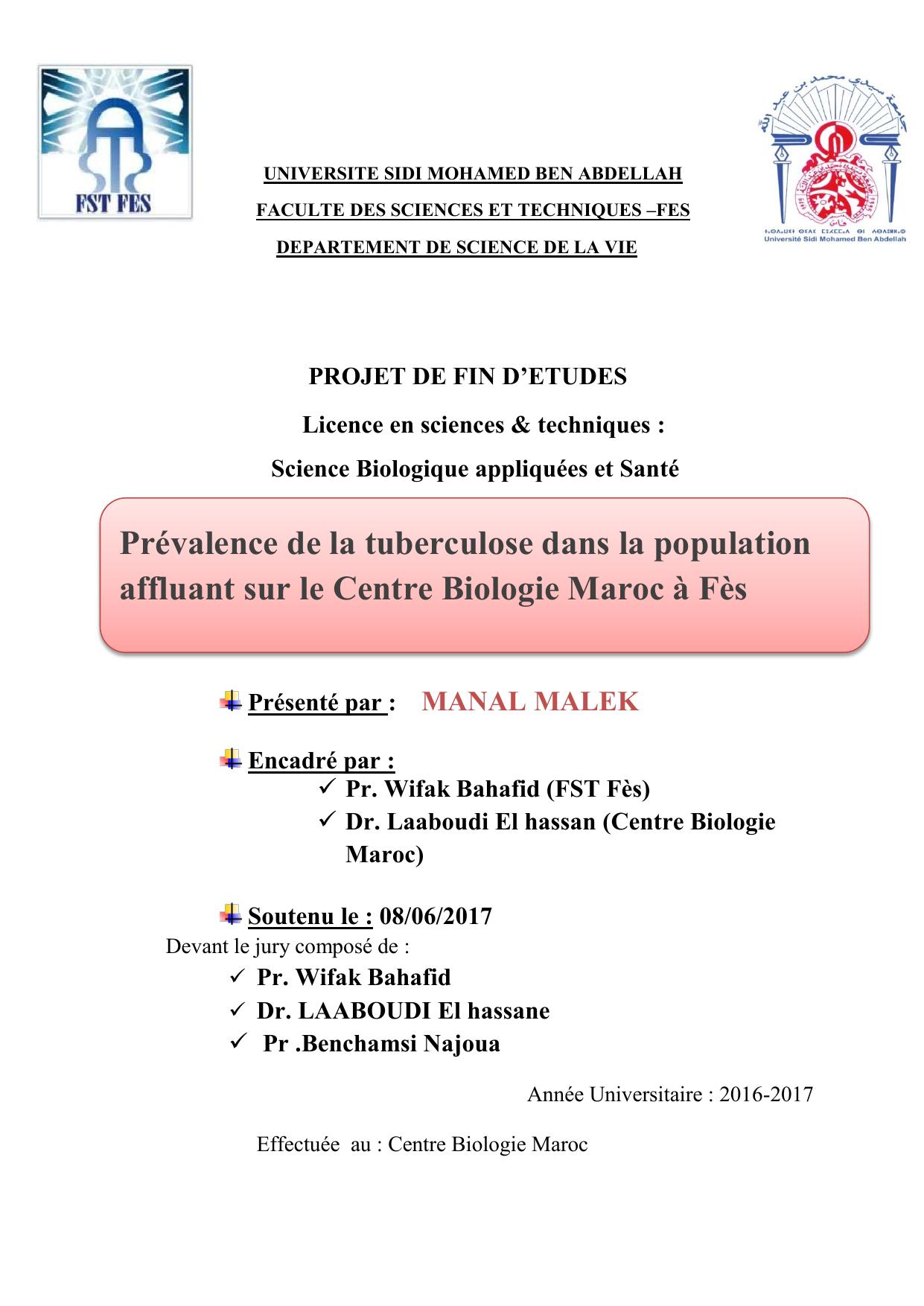 Prévalence de la tuberculose dans la population affluant sur le Centre Biologie Maroc à Fès