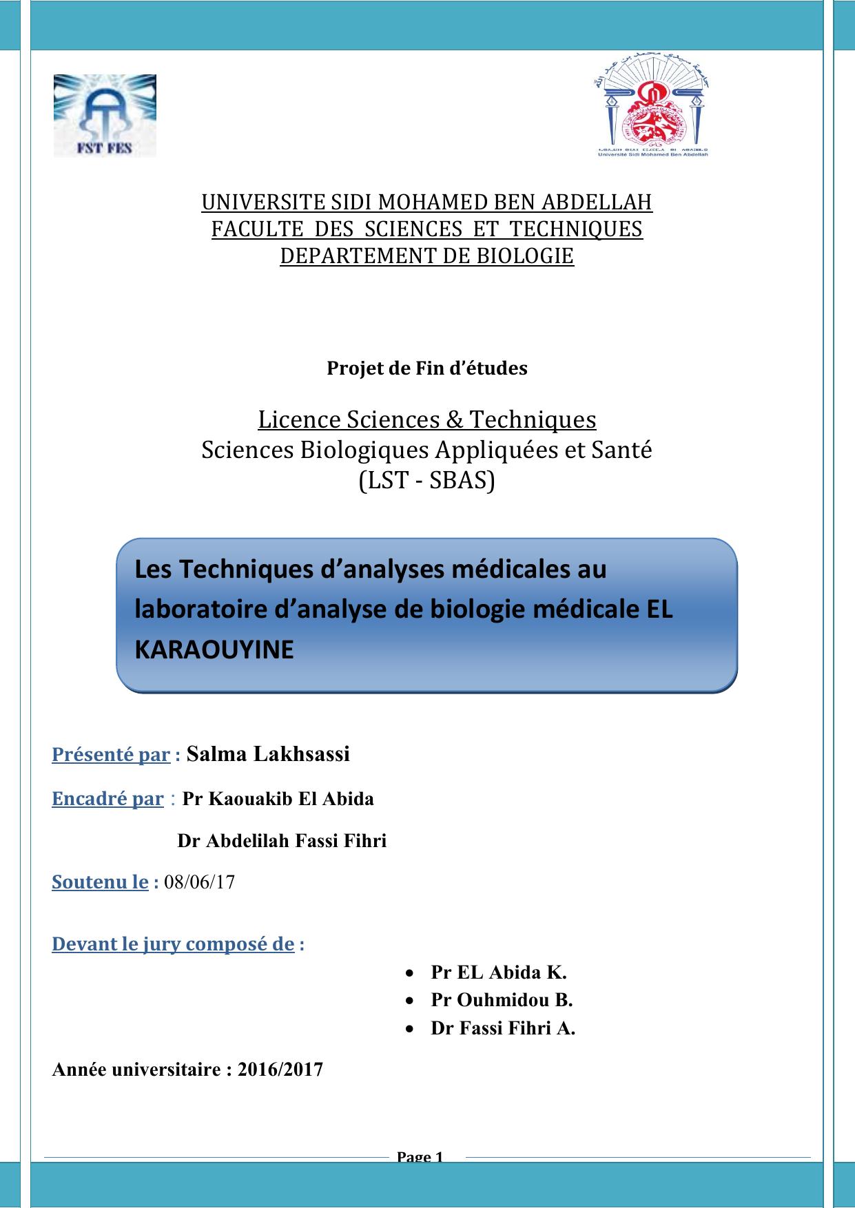 Les Techniques d’analyses médicales au laboratoire d’analyse de biologie médicale EL KARAOUYINE