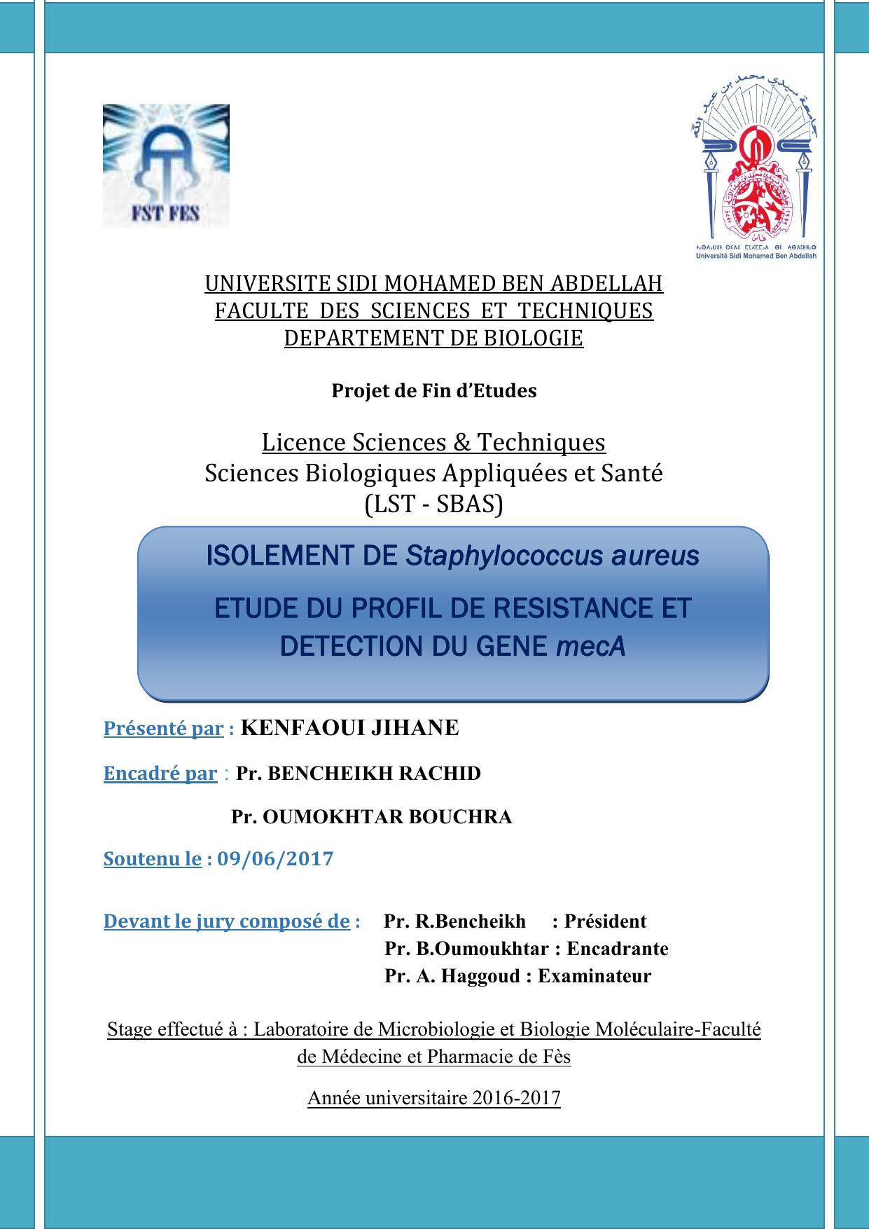 Isolement de staphylococcus aureus: Etude du profil de résistance et détéction du gène mecA