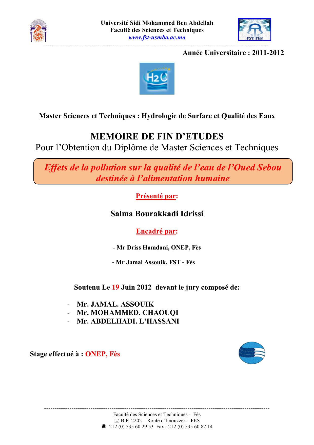 Effets de la pollution sur la qualité de l’eau de l’Oued Sebou destinée à l’alimentation humaine