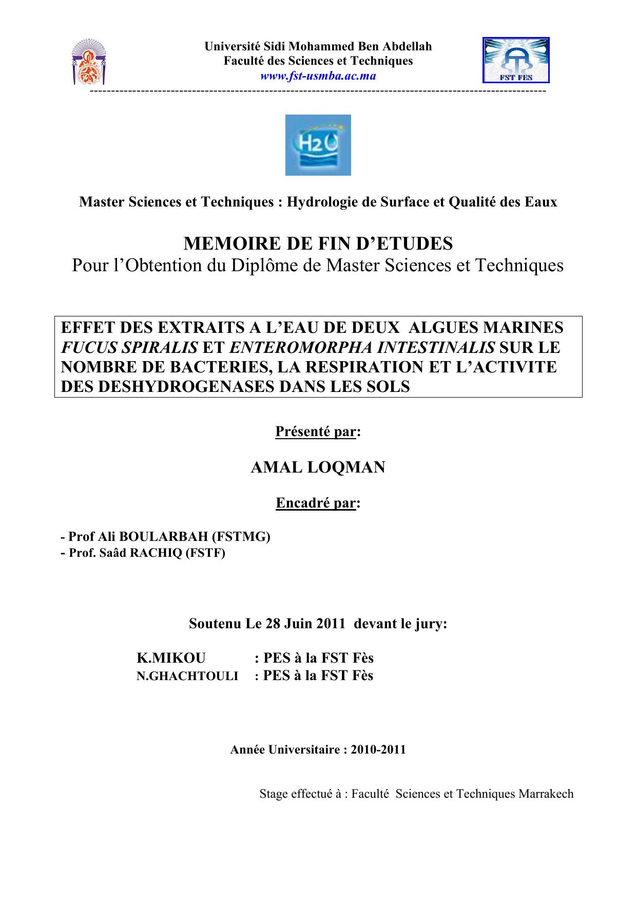 Effet des extraits à l'eau de deux algues marinés Fucus Spiralis Entromorpha intestinalis sur le nombre de bactéries, la restauration et l'activité des déshydrogénases dans les sols