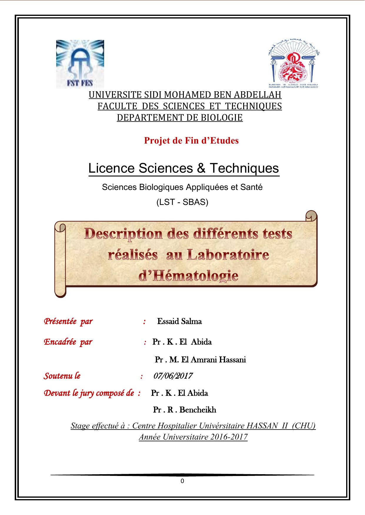 Description des différents tests réalisés au laboratoire d'Hématologie