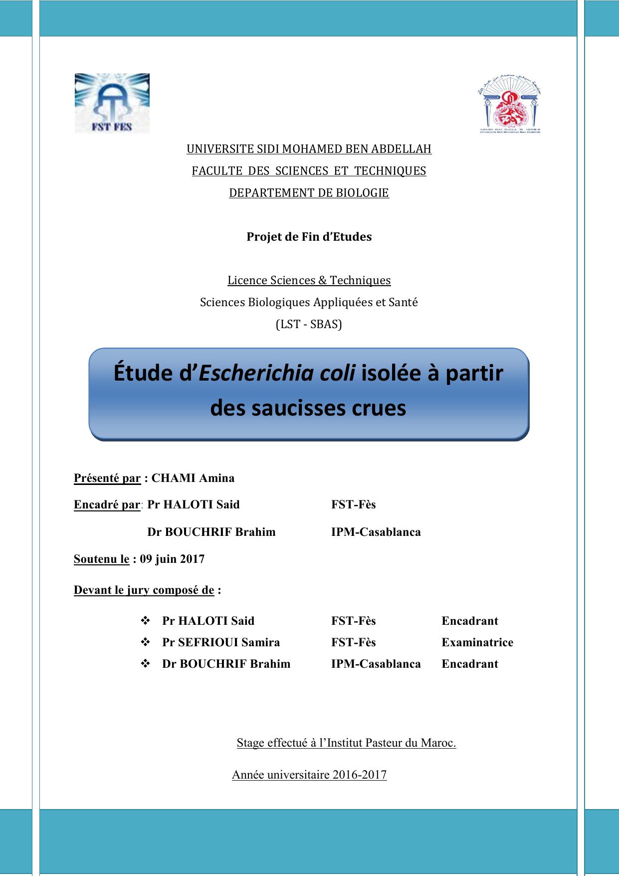 Étude d’Escherichia coli isolée à partir des saucisses crues