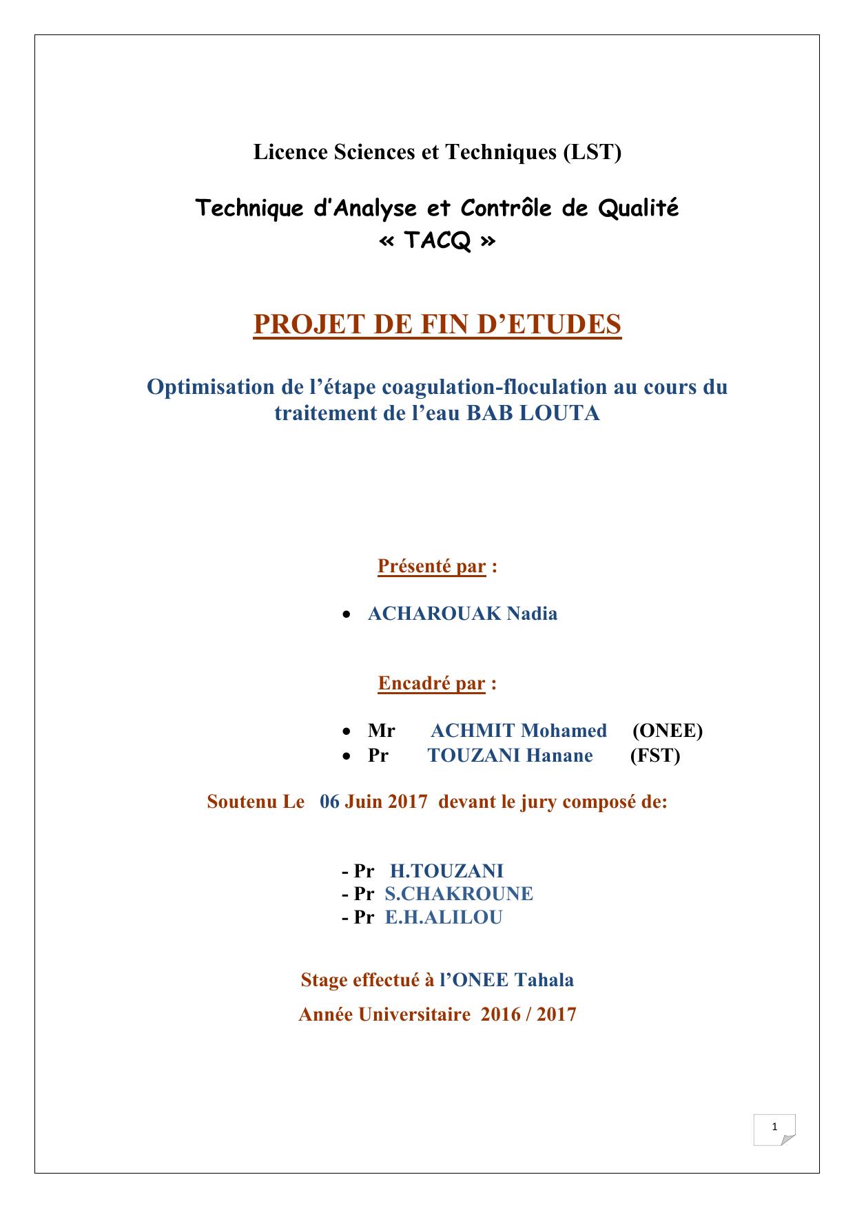 Optimisation de l’étape coagulation-floculation au cours du traitement de l’eau BAB LOUTA