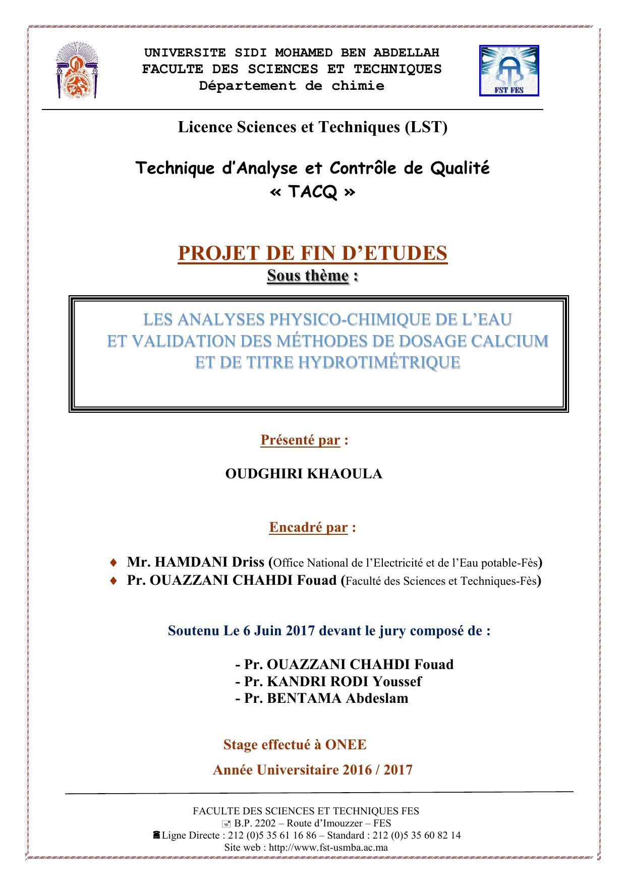 Les analyses physico-chimiques de l'eau et validation des méthodes de dosage Calcium et de titre hydrométrique