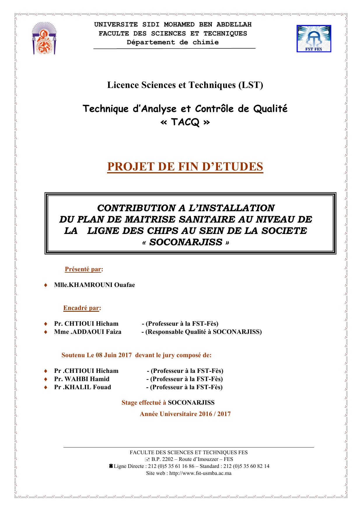 Contribution à l'installation du plan de maitrise santaire au niveau de la ligne des chips au sein de la société "SOCONARJISS"