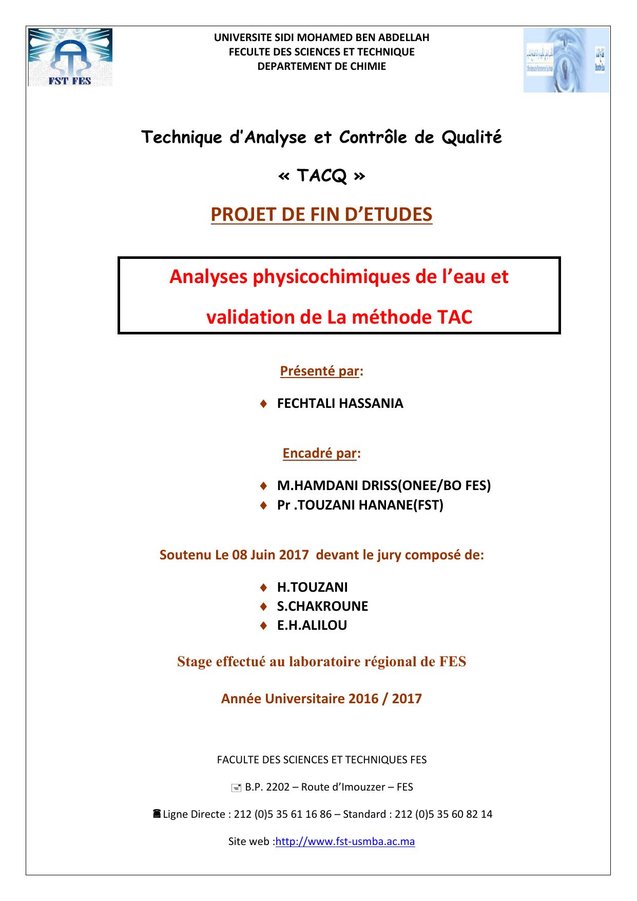 Analyses physicochimiques de l’eau et validation de La méthode TAC