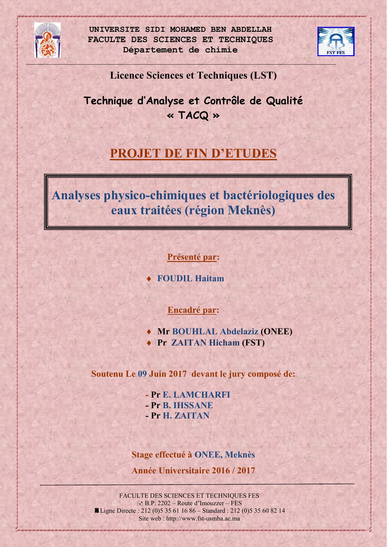 Analyses physico-chimiques et bactériologiques des eaux traitées (région Meknès)