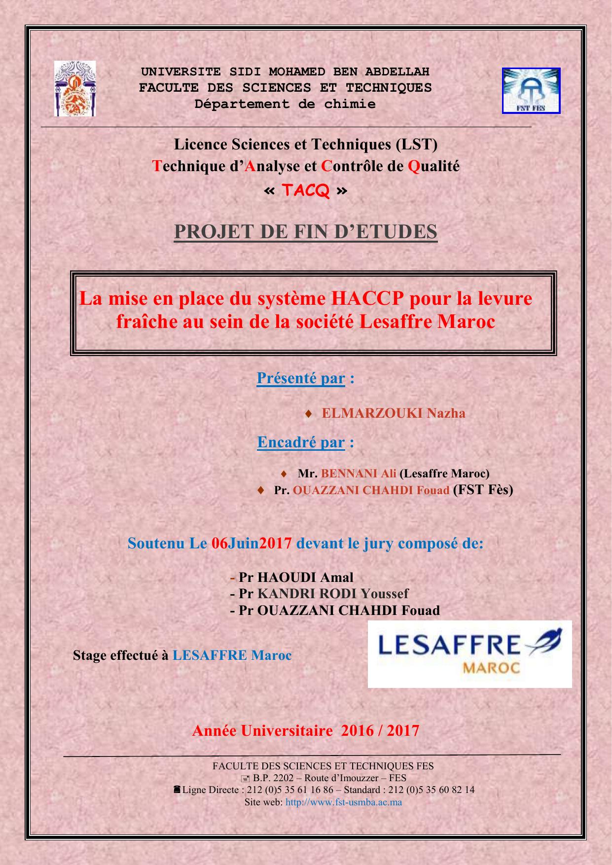 La mise en place du système HACCP pour la levure fraîche au sein de la société Lesaffre Maroc