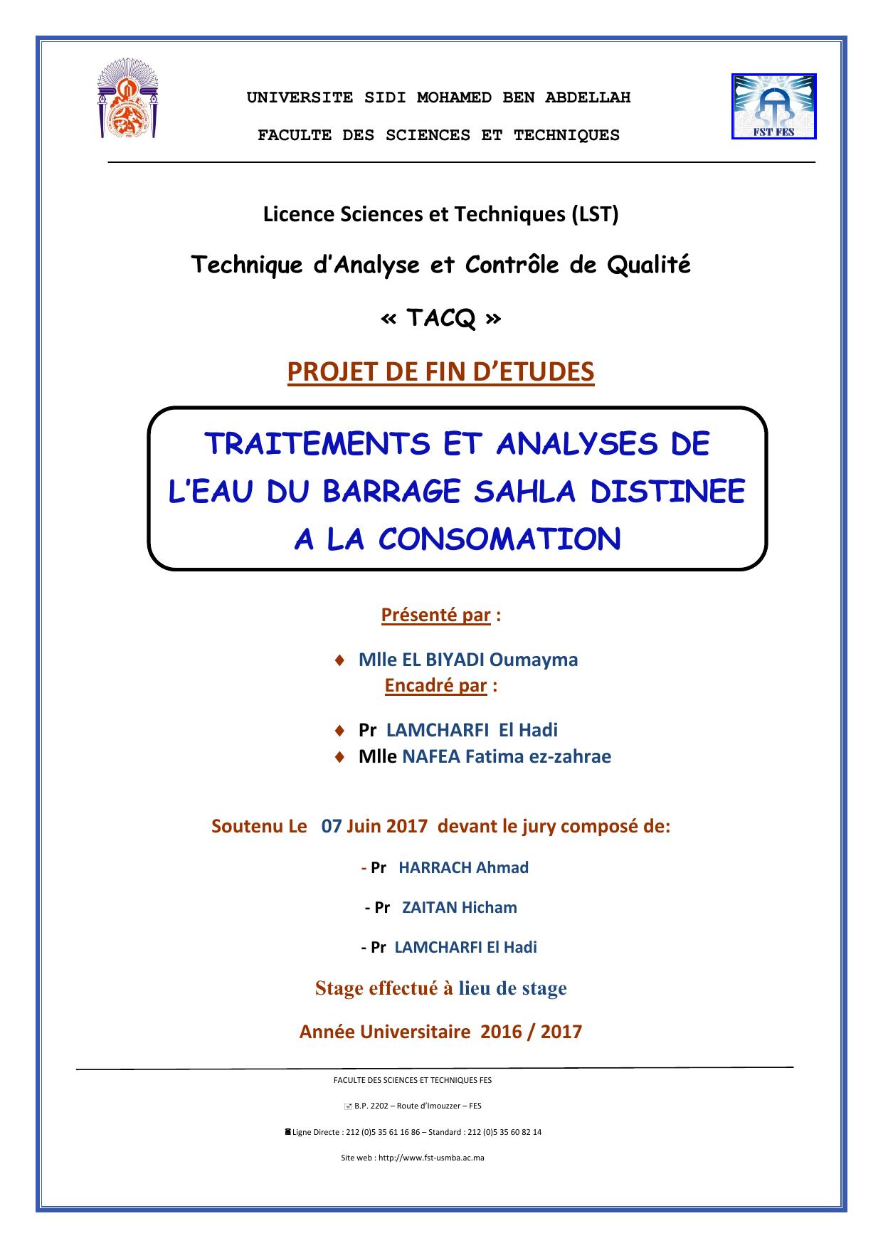 Traitement et analyses de l'eau du barrage Sahla Distinée à la consommation