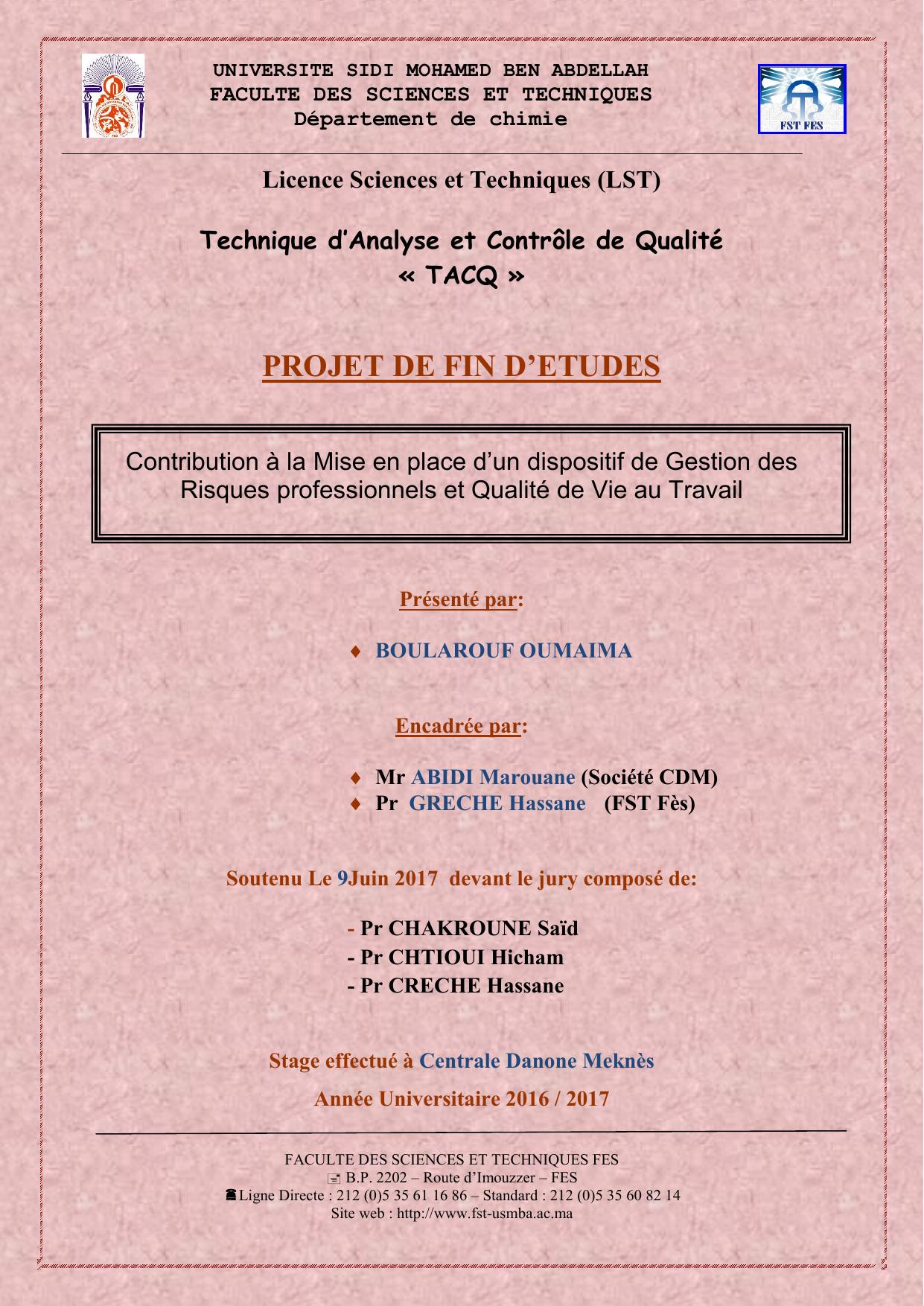 Contribution à la Mise en place d’un dispositif de Gestion des Risques professionnels et Qualité de Vie au Travail