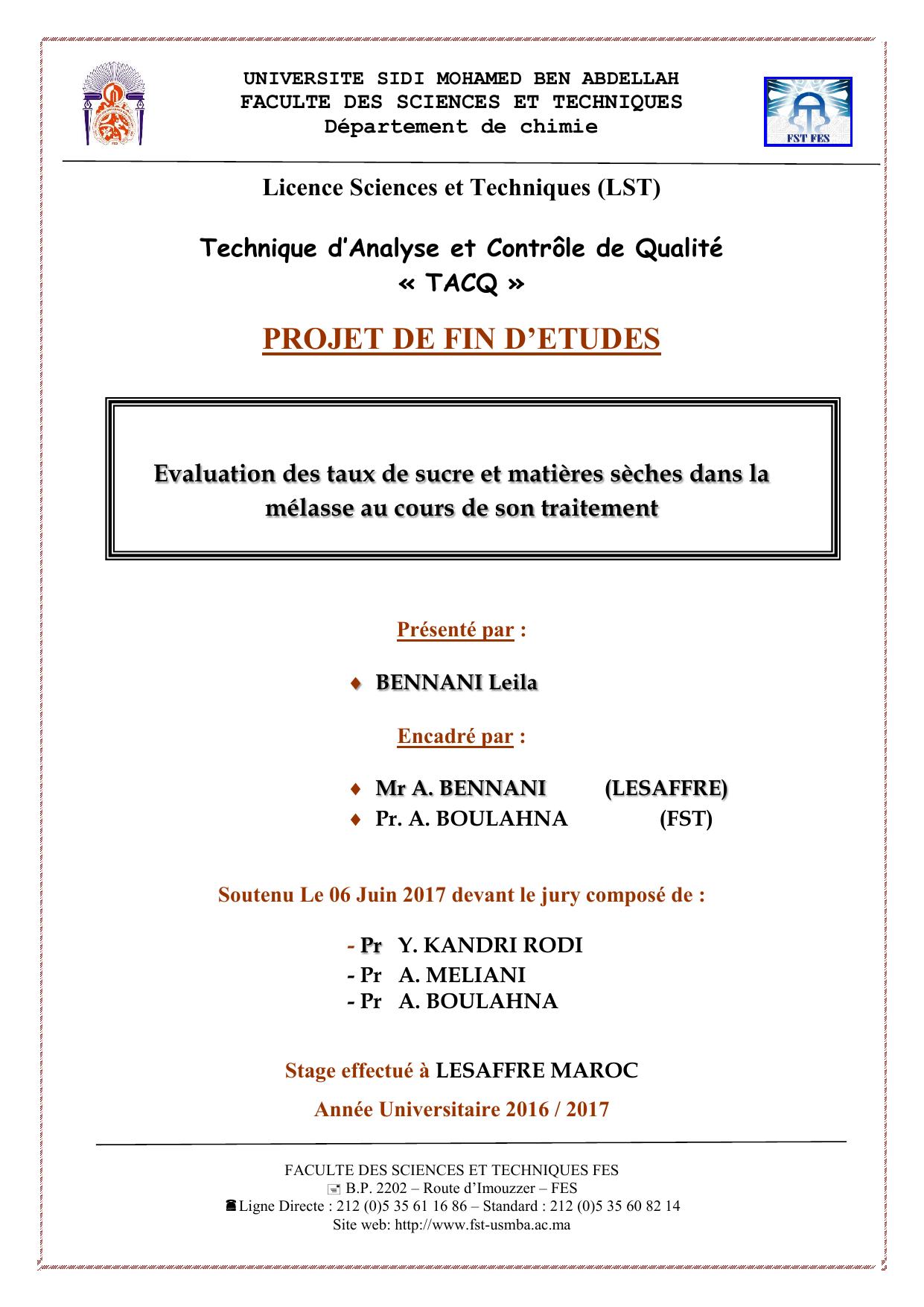 Evaluation des taux de sucre et matières sèches dans la mélasse au cours de son traitement