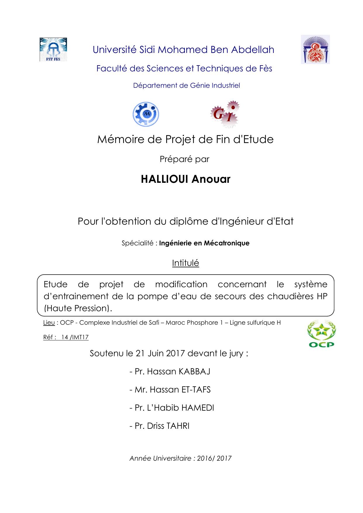 Etude de projet de modification concernant le système d’entrainement de la pompe d’eau de secours des chaudières HP (Haute Pression)