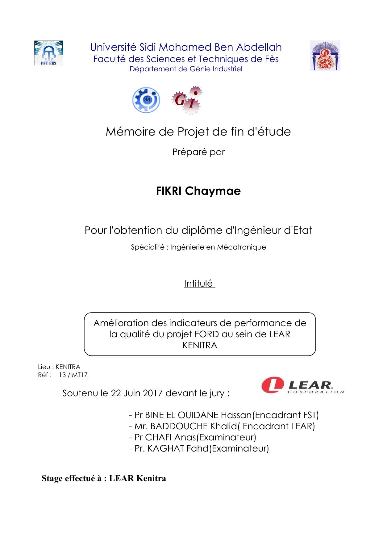 Amélioration des indicateurs de performance de la qualité du projet FORD au sein de LEAR KENITRA