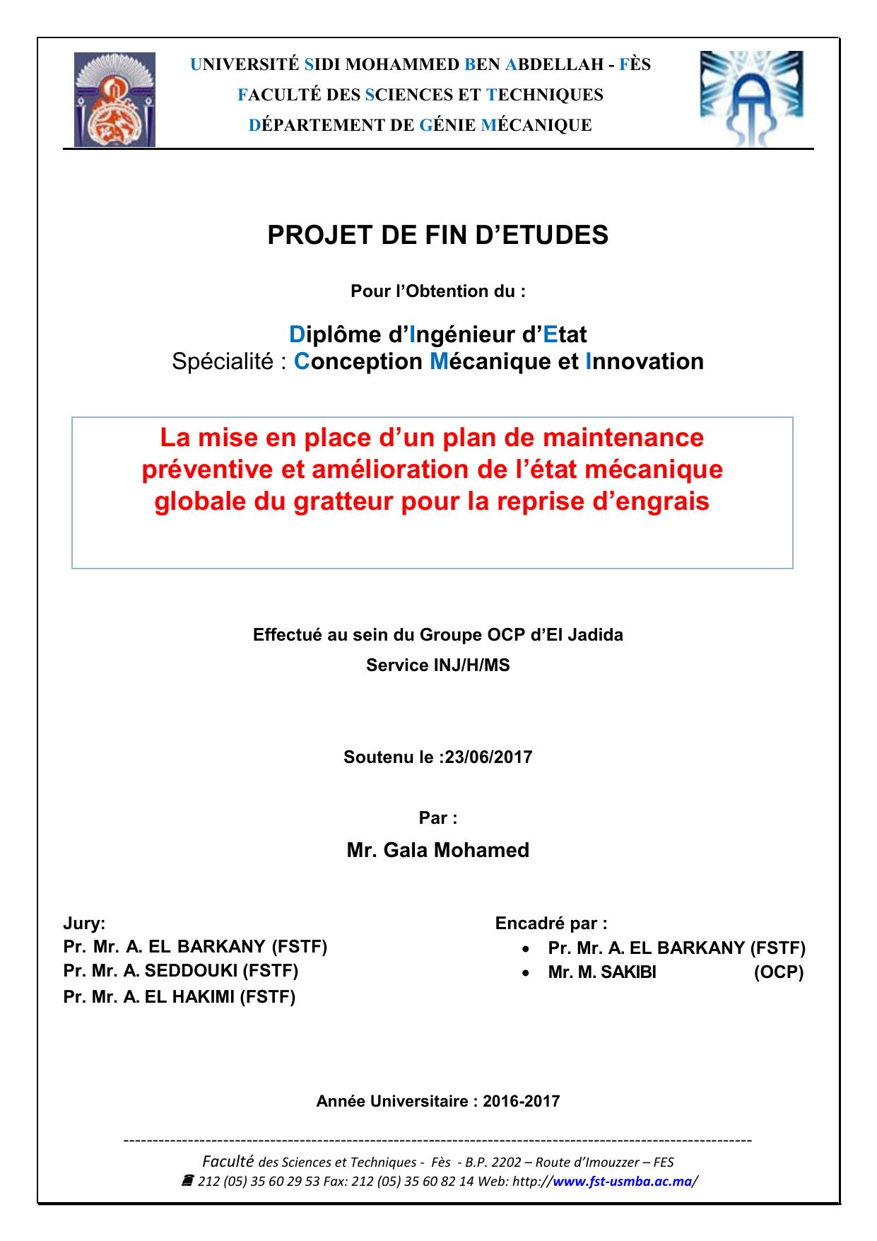 La mise en place d’un plan de maintenance préventive et amélioration de l’état mécanique globale du gratteur pour la reprise d’engrais