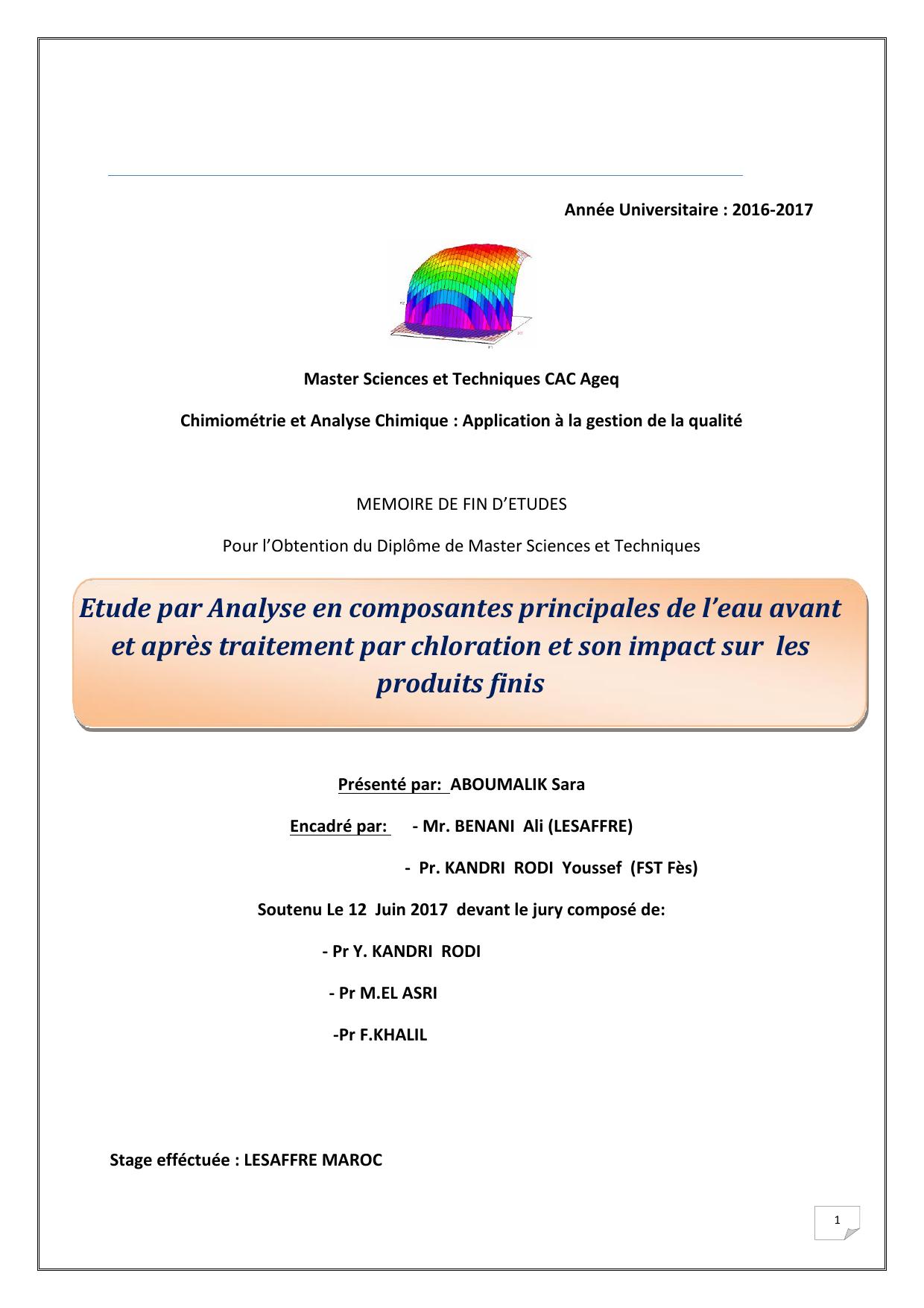 Etude par Analyse en composantes principales de l’eau avant et après traitement par chloration et son impact sur les produits finis