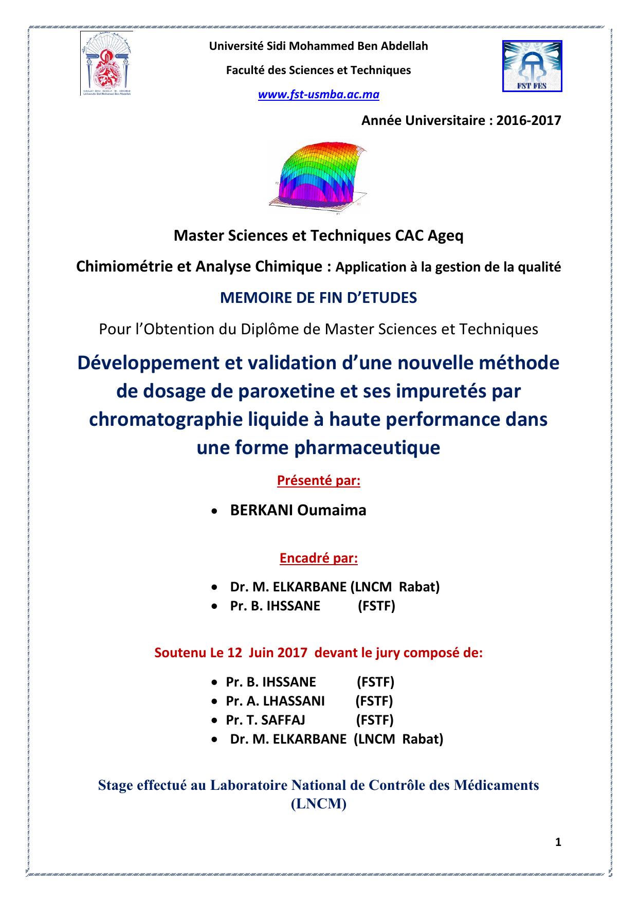 Développement et validation d’une nouvelle méthode de dosage de paroxetine et ses impuretés par chromatographie liquide à haute performance dans une forme pharmaceutique