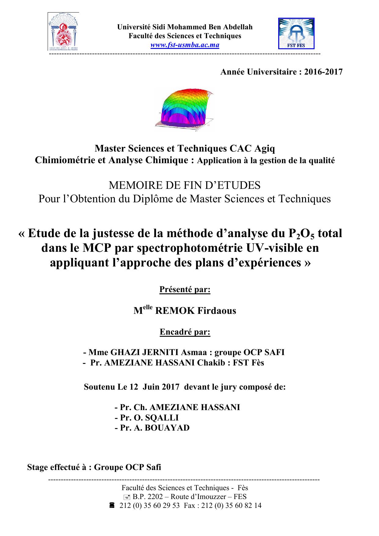 Etude de la justesse de la méthode d’analyse du P2O5 total dans le MCP par spectrophotométrie UV-visible en appliquant l’approche des plans d’expériences