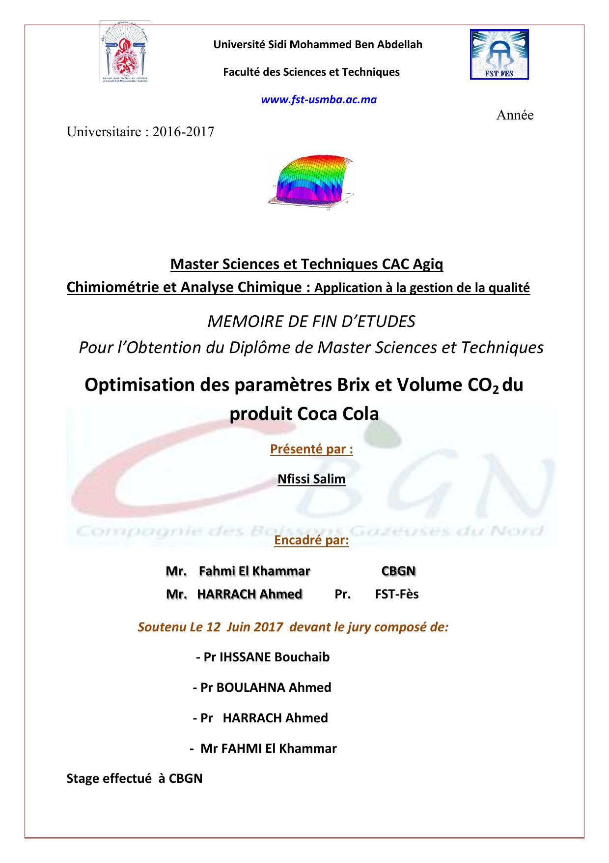 Optimisation des paramètres Brix et Volume CO2 du produit Coca Cola