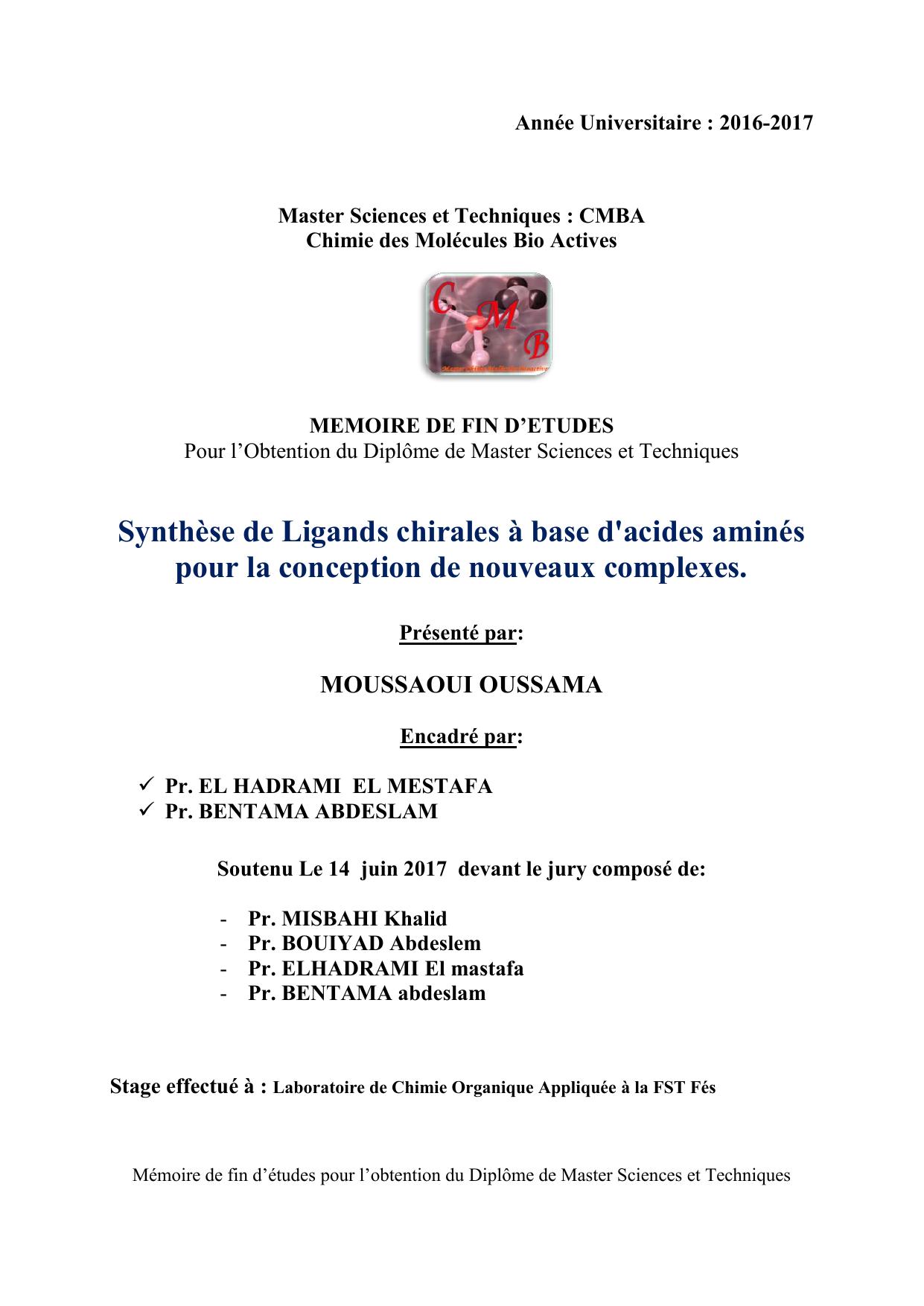 Synthèse de Ligands chirales à base d'acides aminés pour la conception de nouveaux complexes