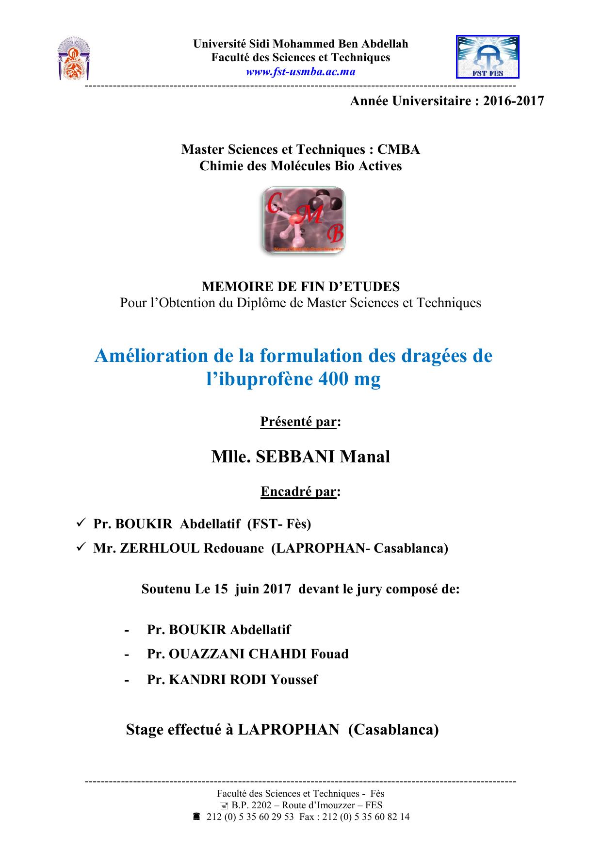 Amélioration de la formulation des dragées de l’ibuprofène 400 mg