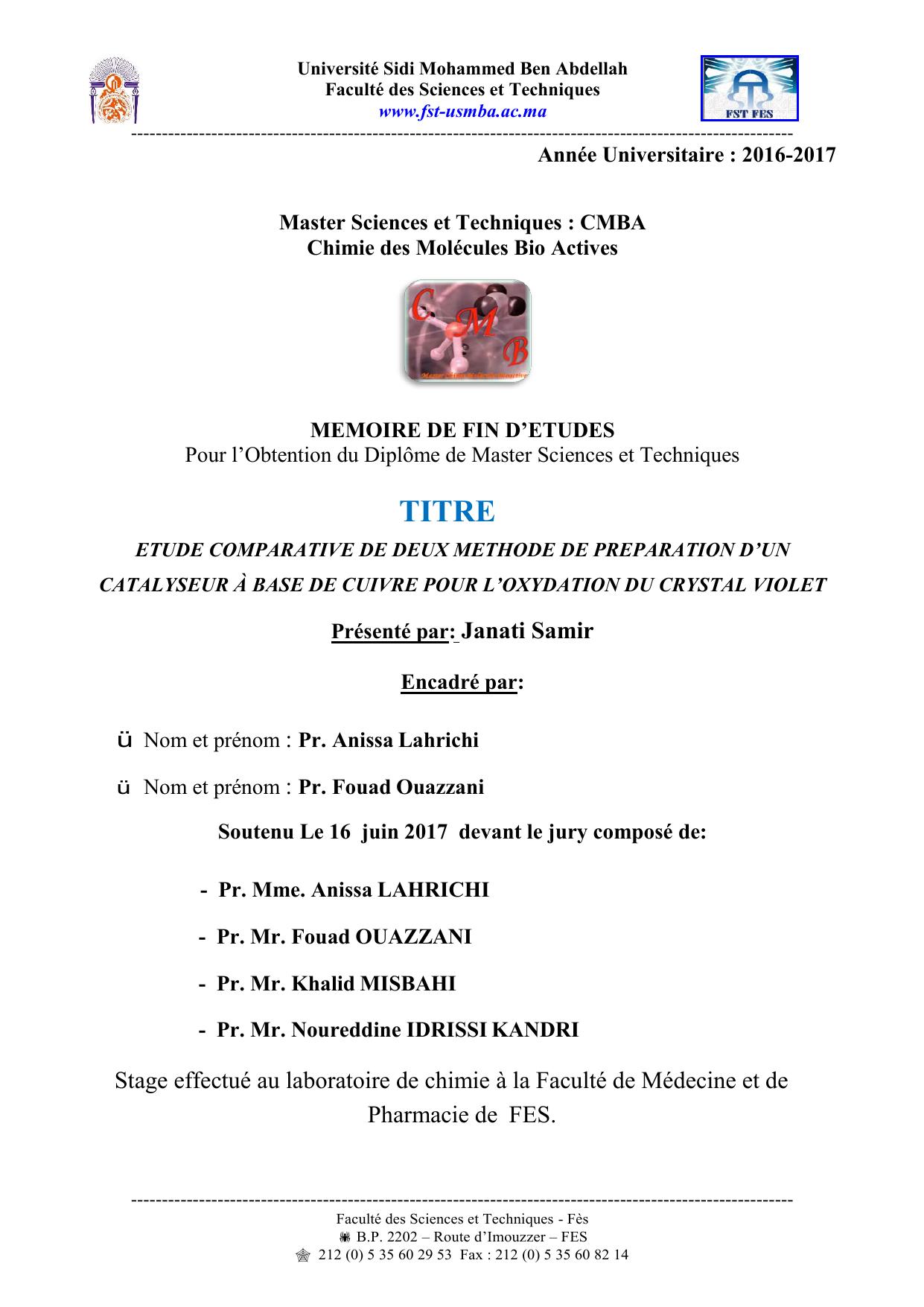 Etude comparative de deux méthodes de préparation d'un catalyseur à base de cuivre pour l'oxydation du crystal violet